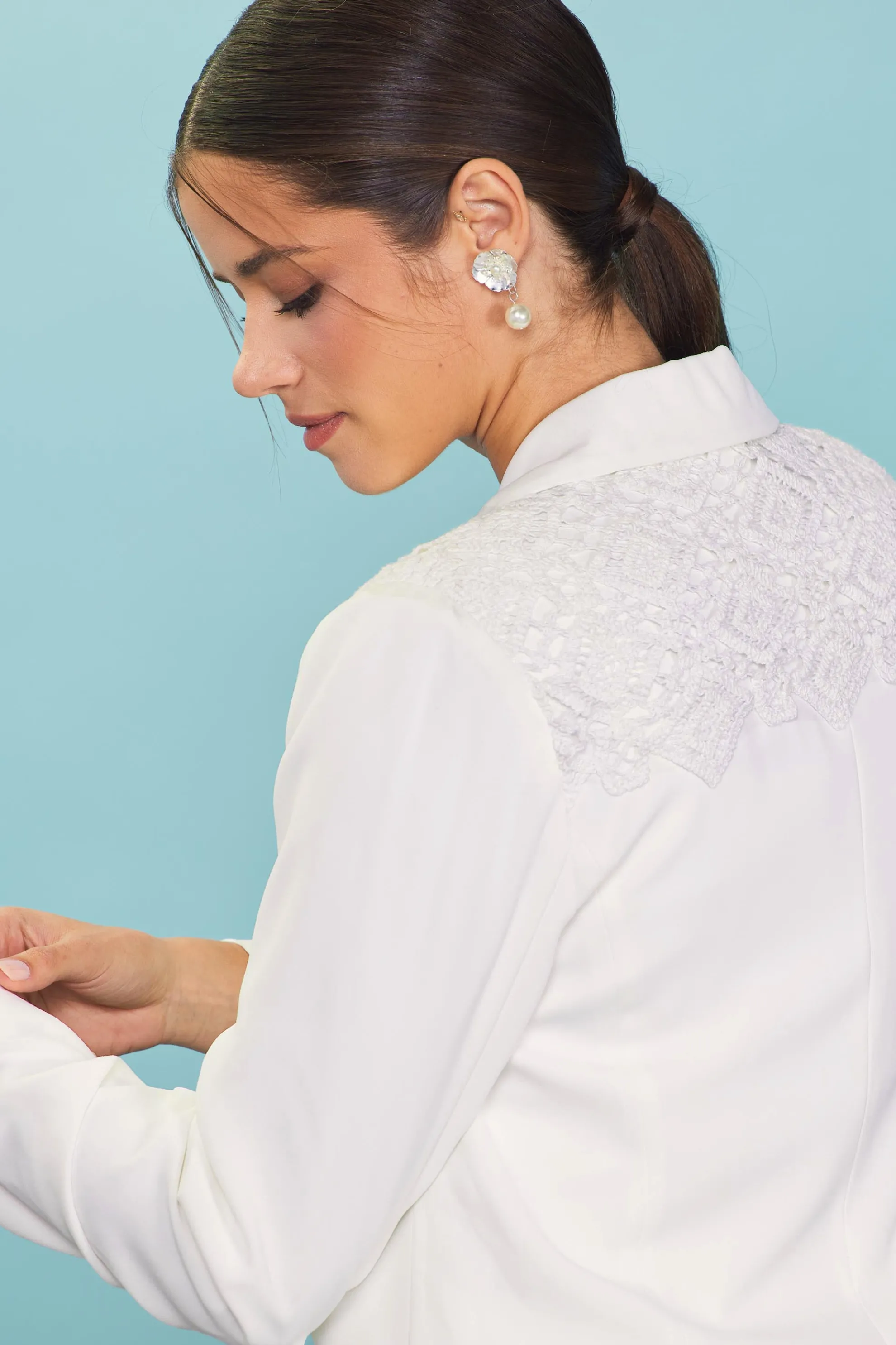 Crochet Trim Shirred Sleeve Blazer