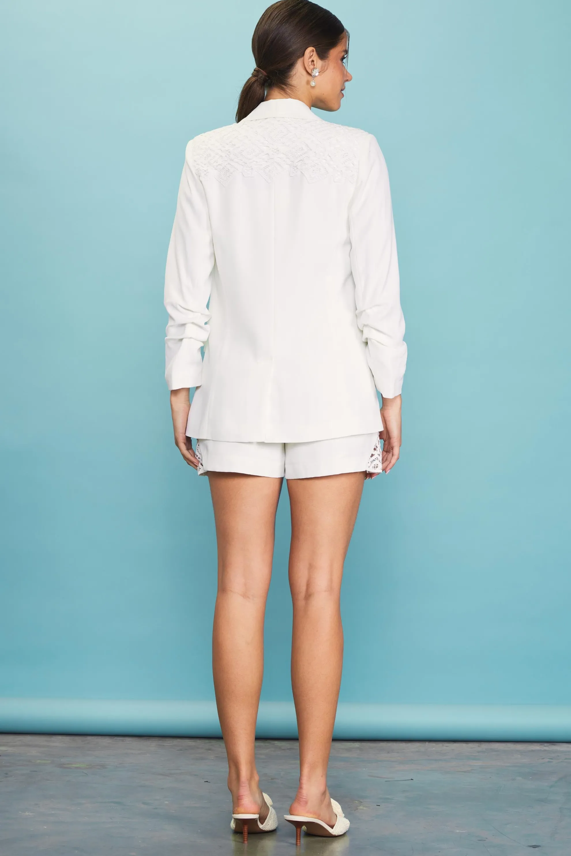 Crochet Trim Shirred Sleeve Blazer