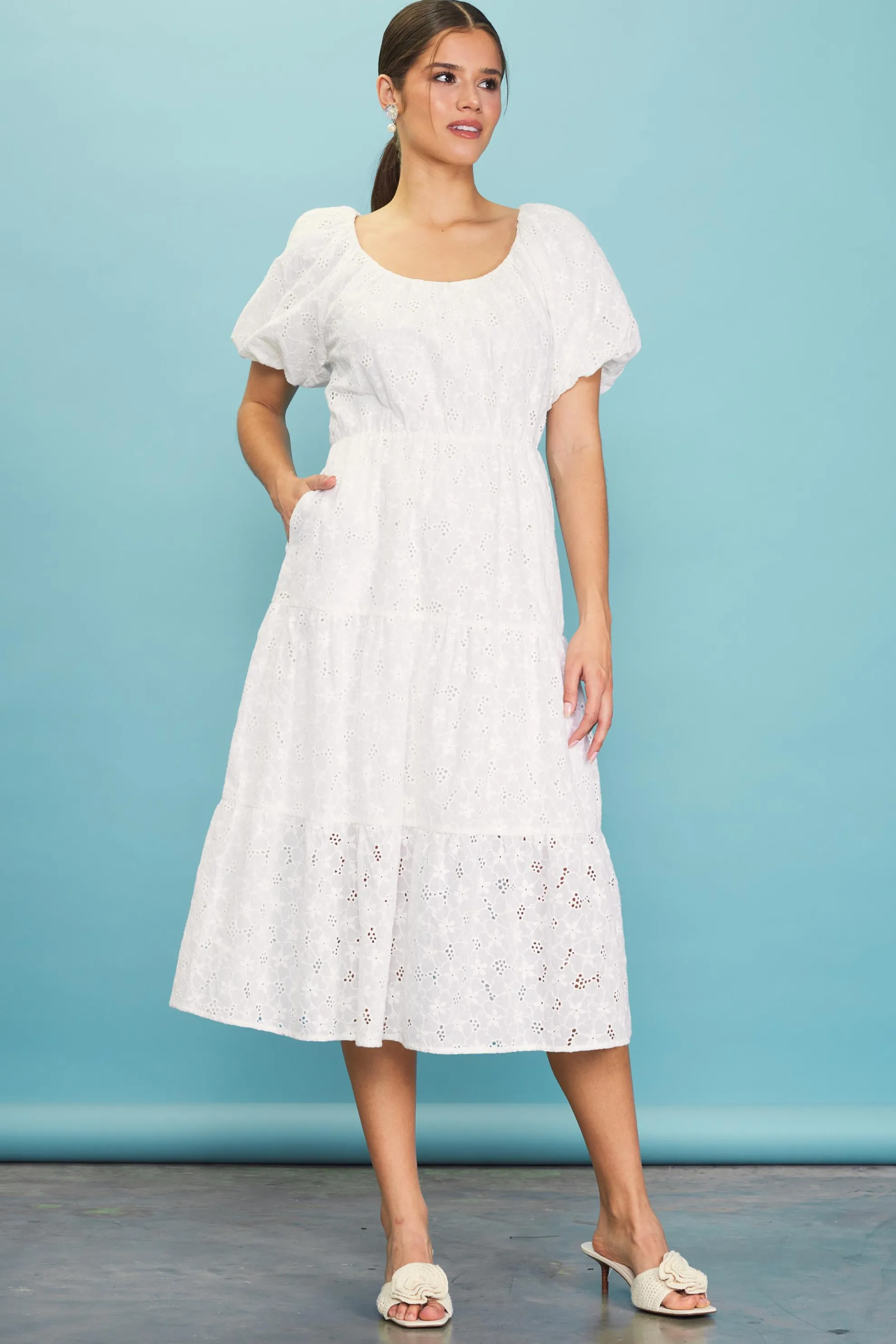 Puffed Sleeve Tiered Midi Dress