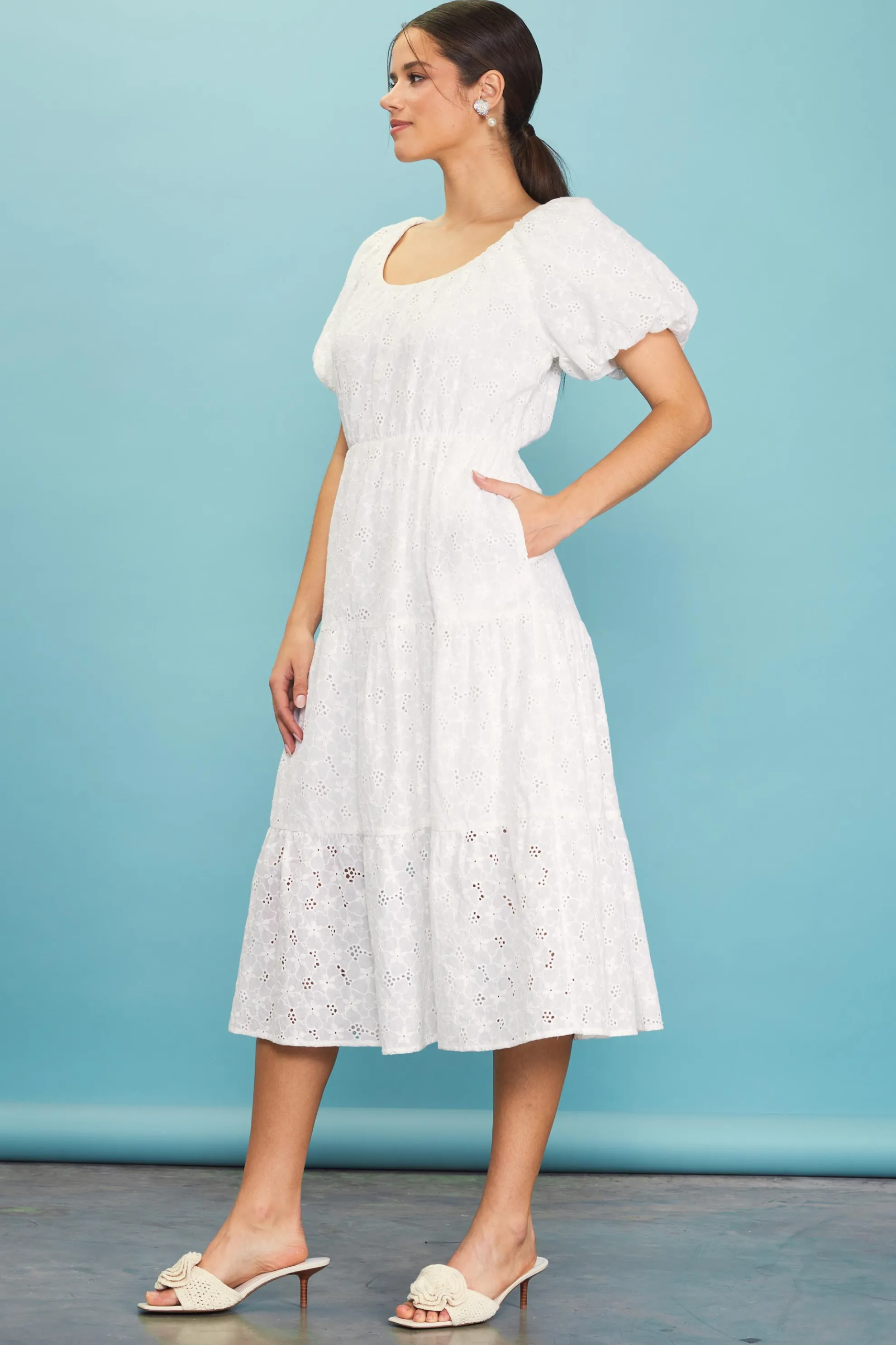 Puffed Sleeve Tiered Midi Dress
