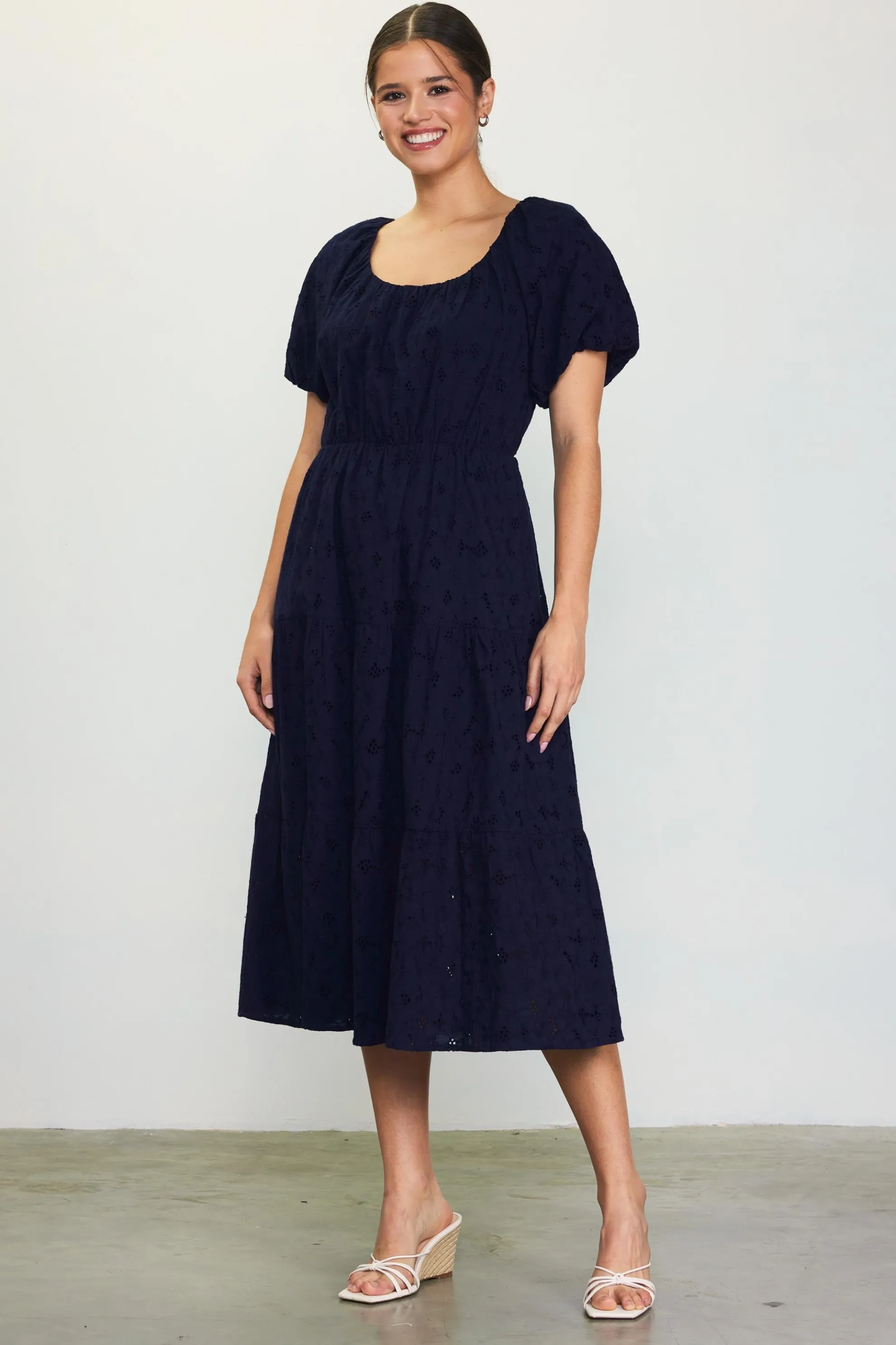 Puffed Sleeve Tiered Midi Dress