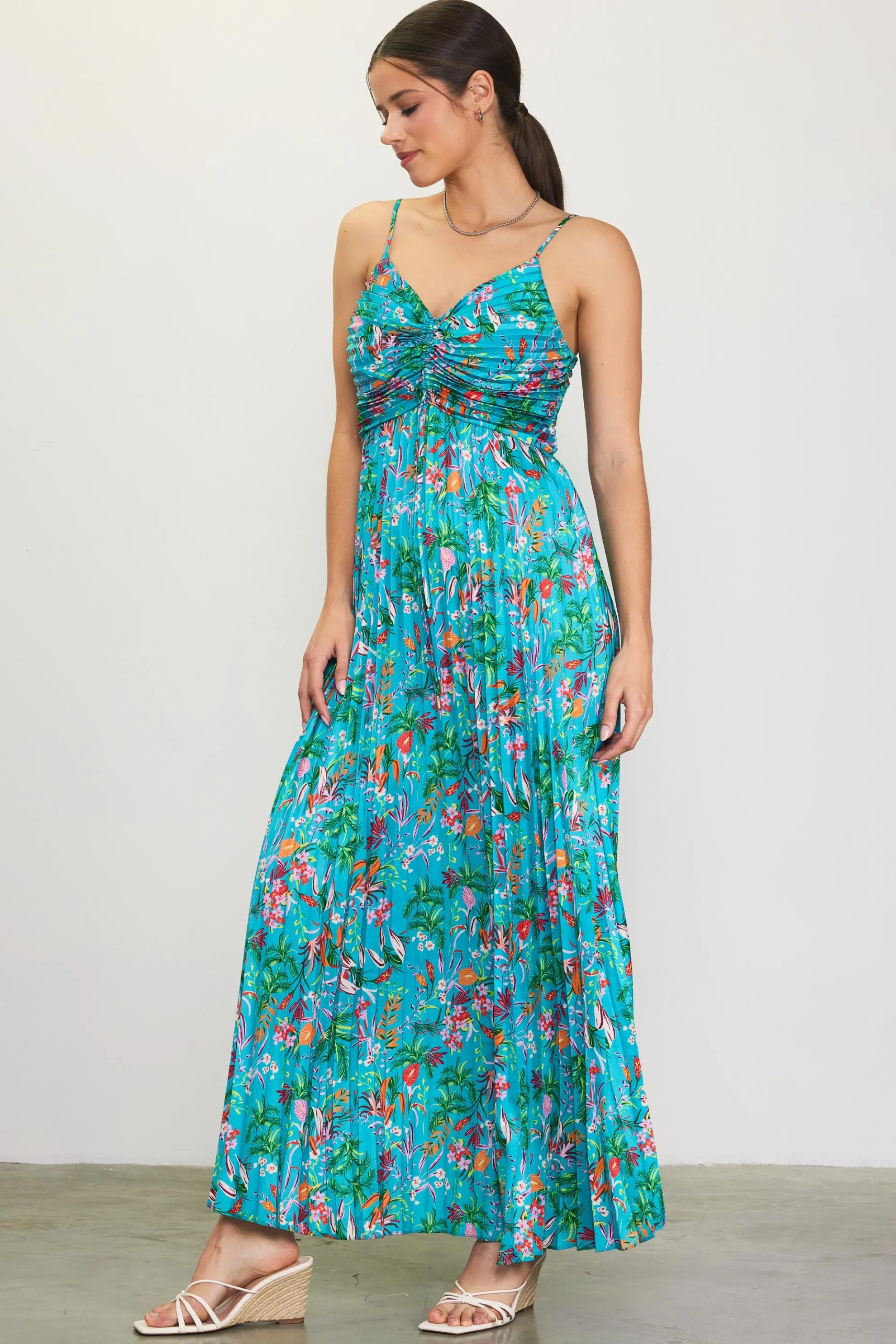 Ariel Tropical Print Pleated Maxi Dress