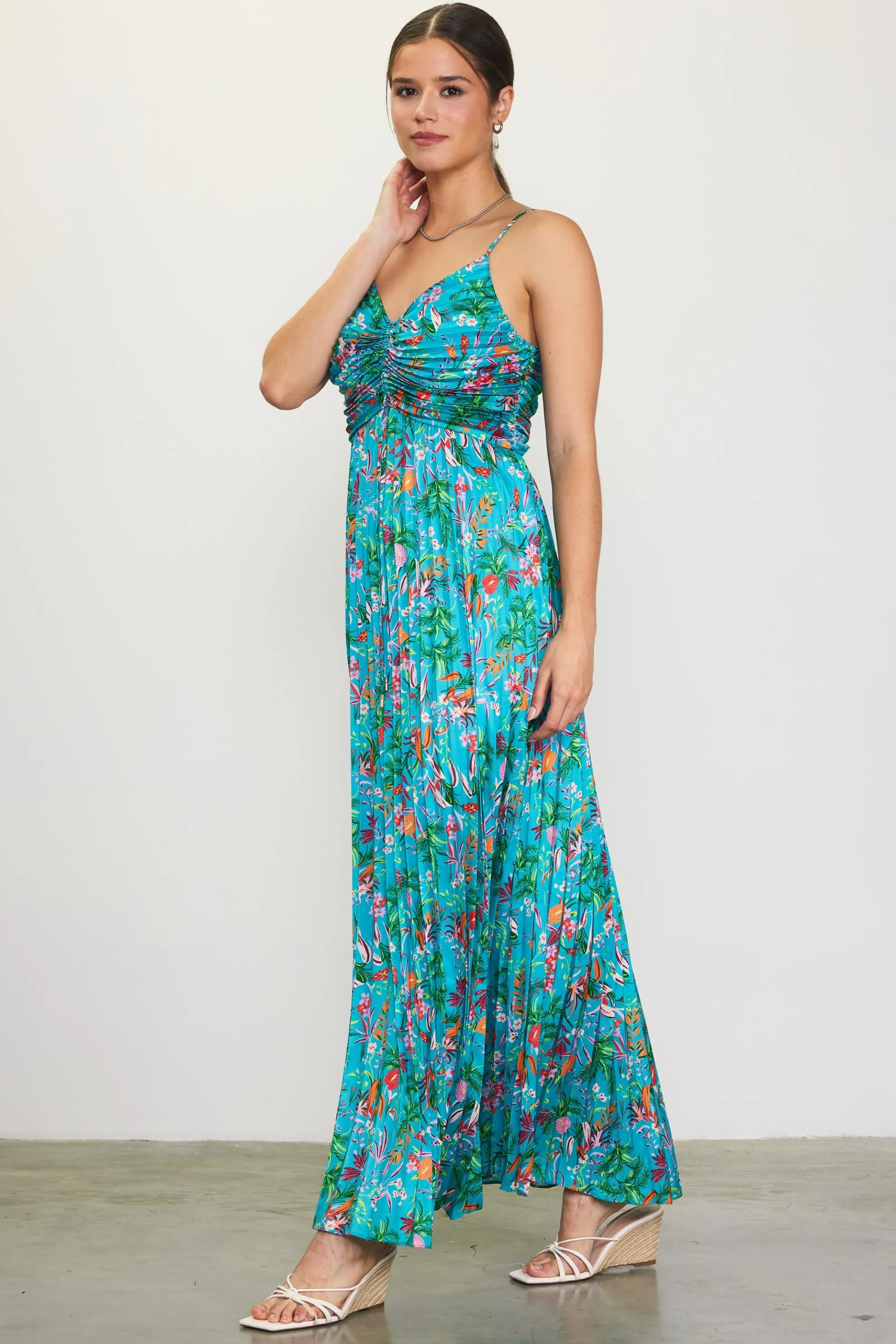 Ariel Tropical Print Pleated Maxi Dress