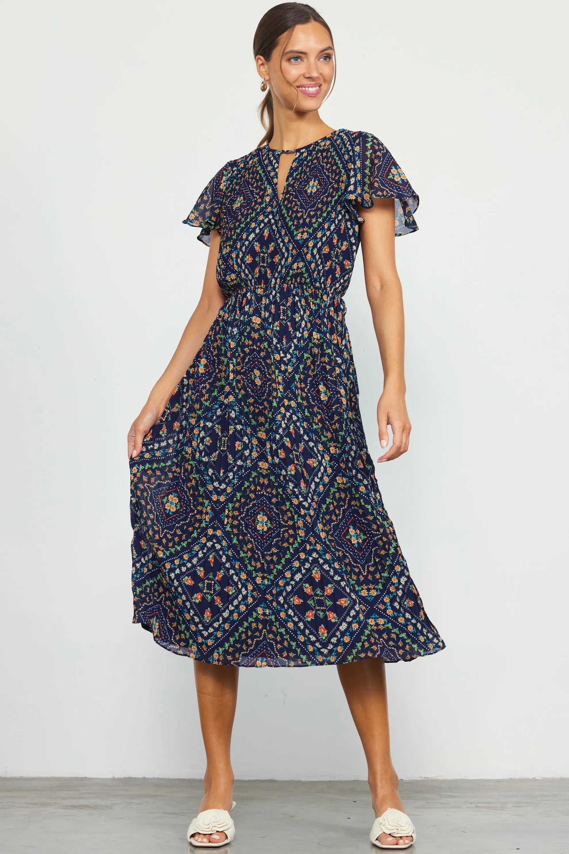 Floral Print Pleated Midi Dress