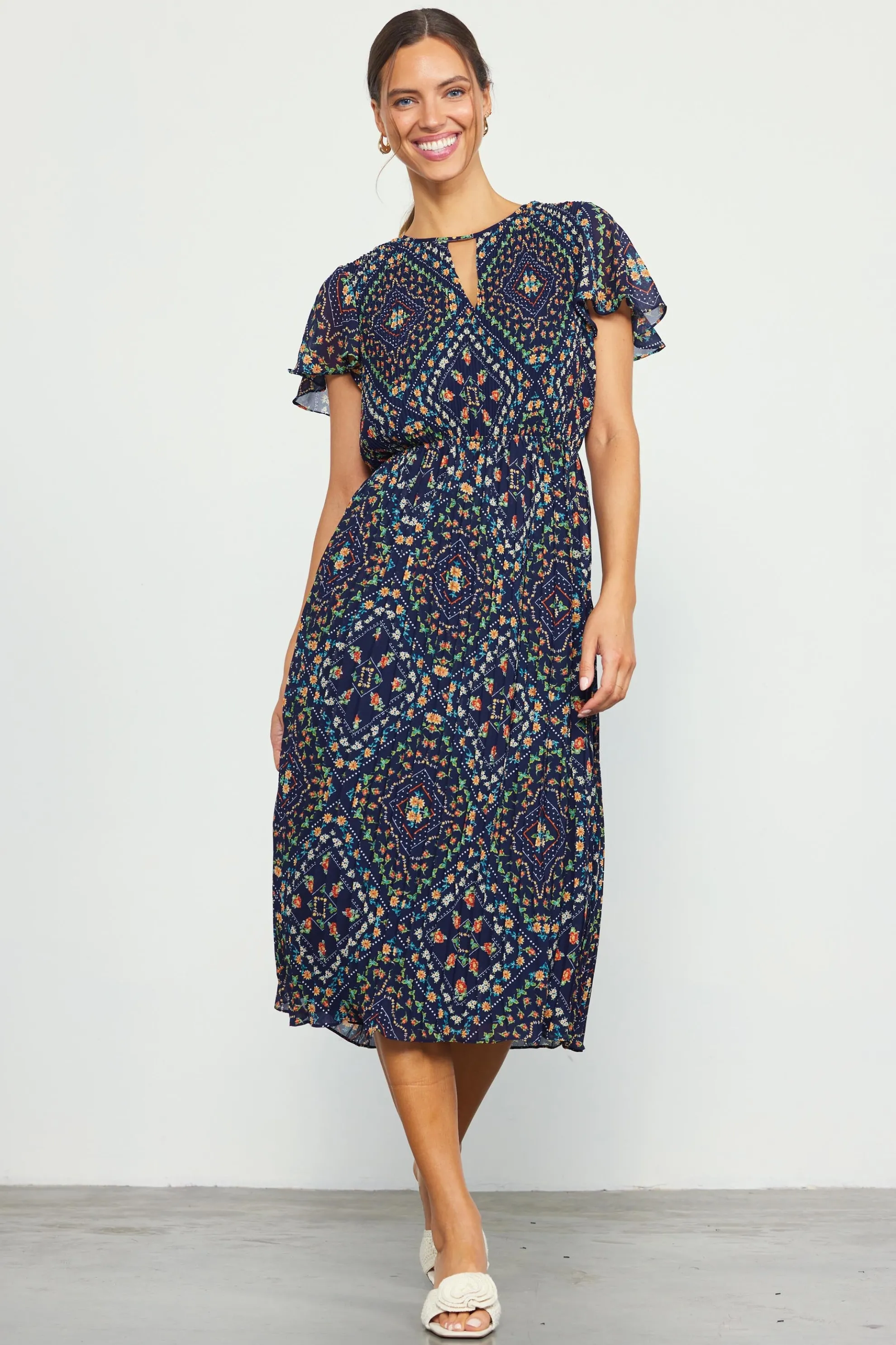 Floral Print Pleated Midi Dress