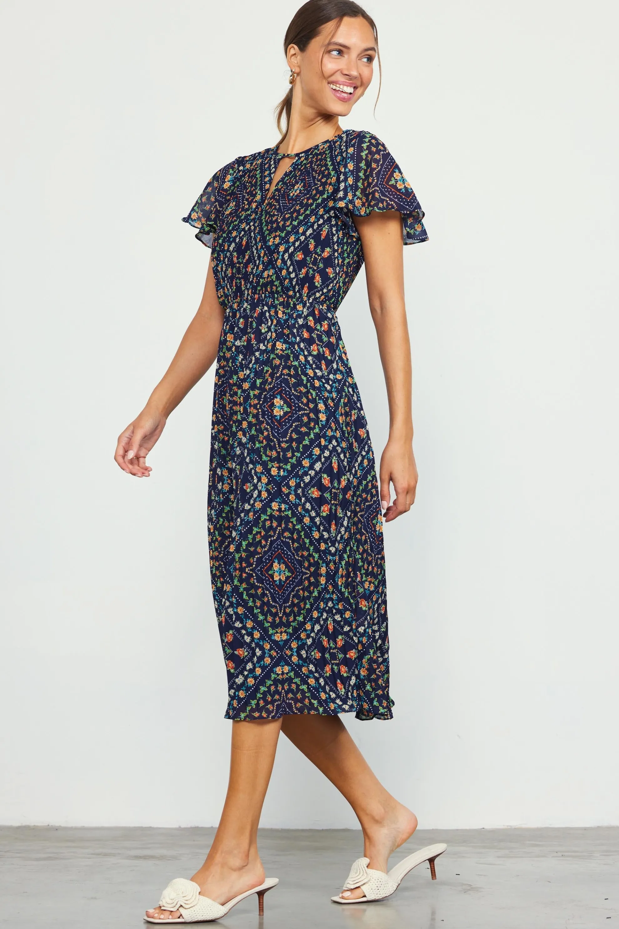 Floral Print Pleated Midi Dress