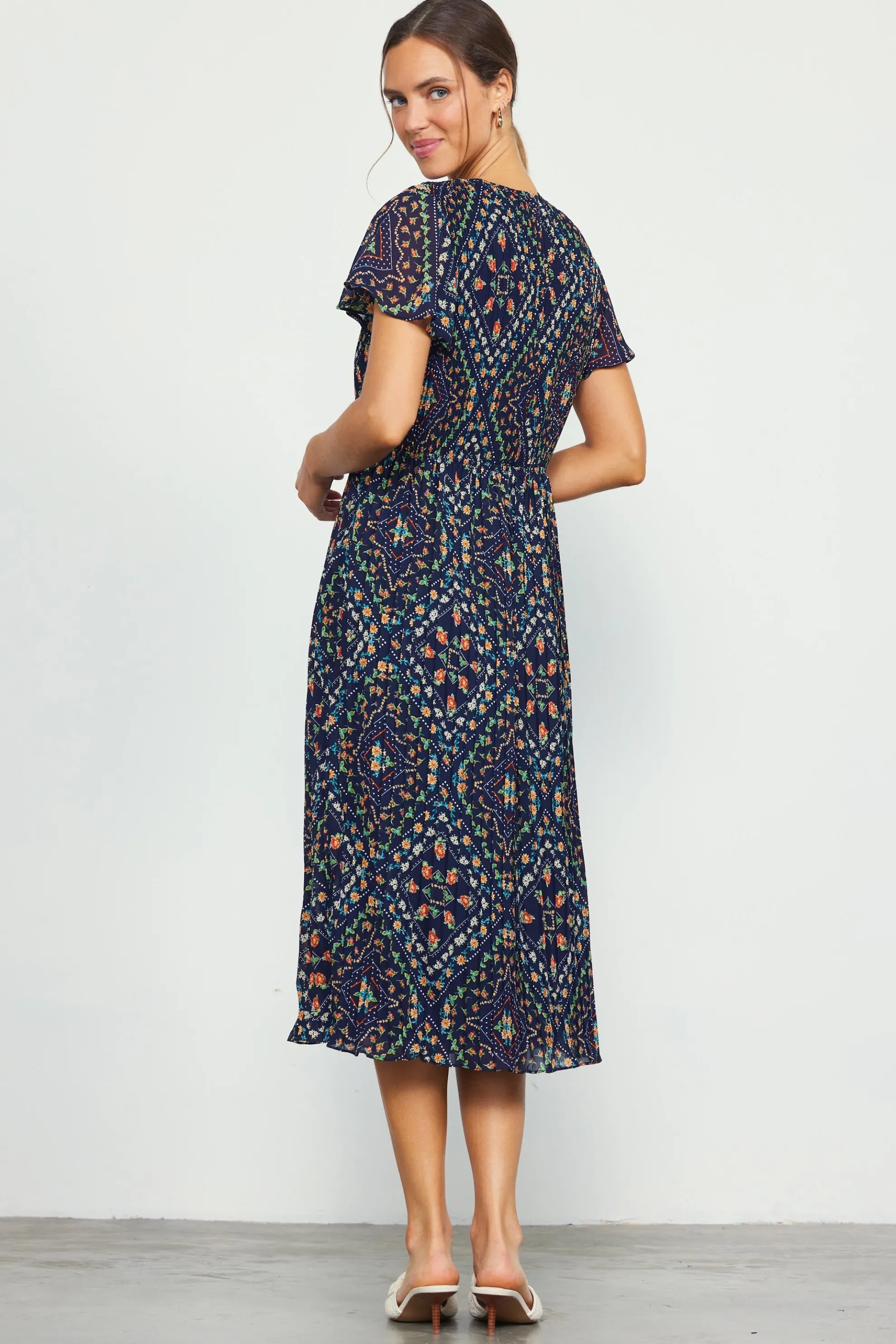 Floral Print Pleated Midi Dress