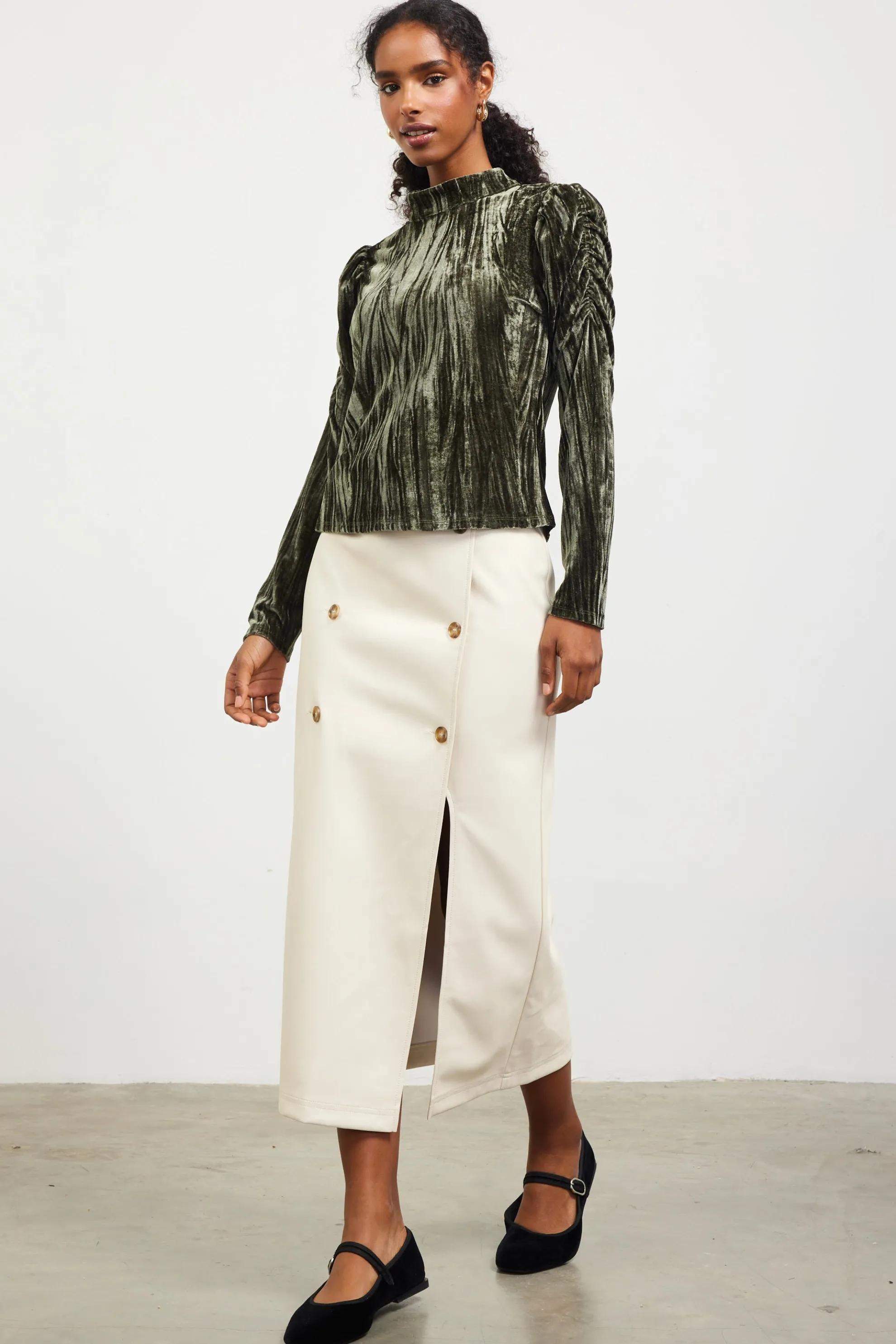 Crinkled Velvet Mock Neck Top