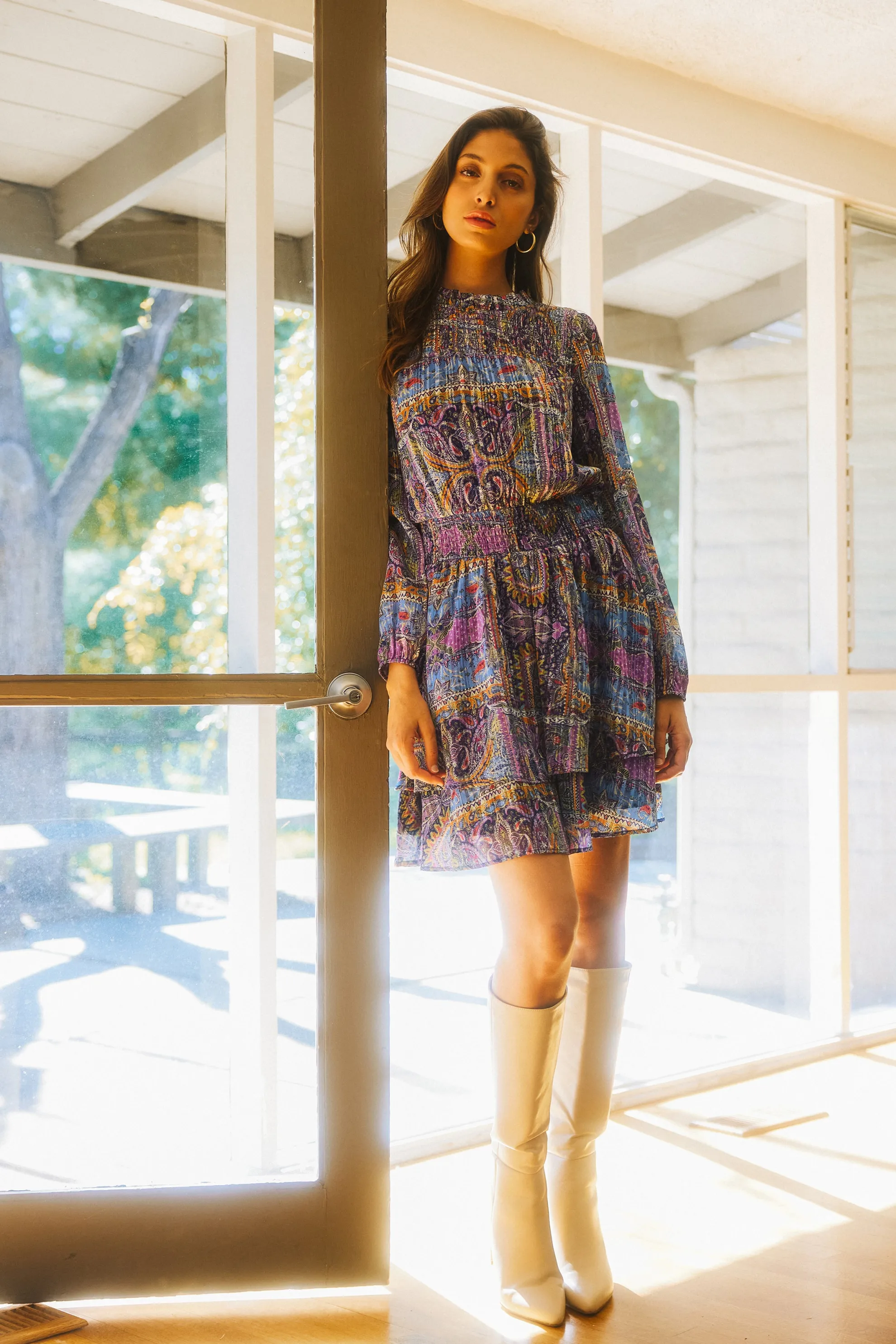 Paisley Motif Smocked Mini Dress