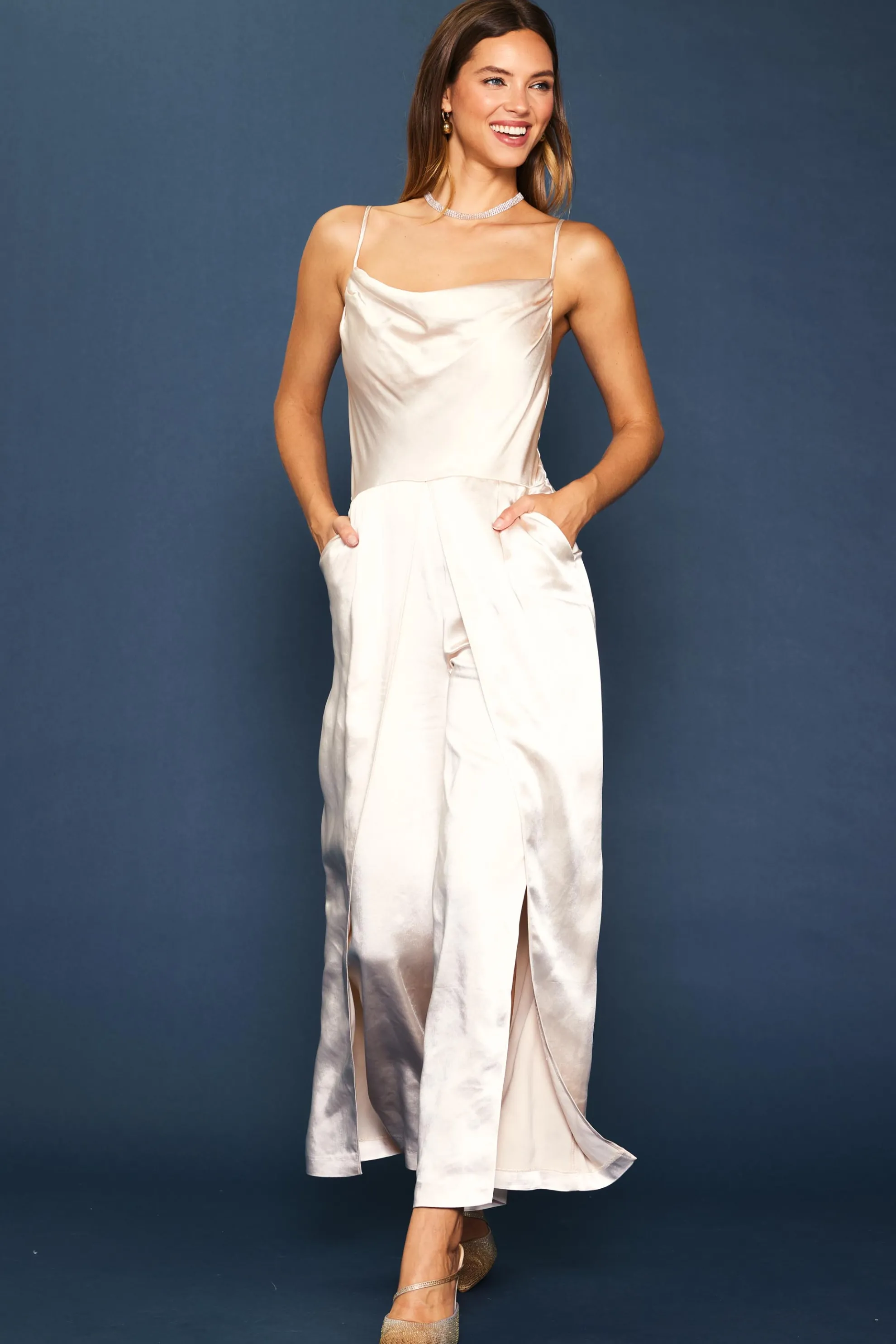 Cowl Neckline Satin Jumpsuit