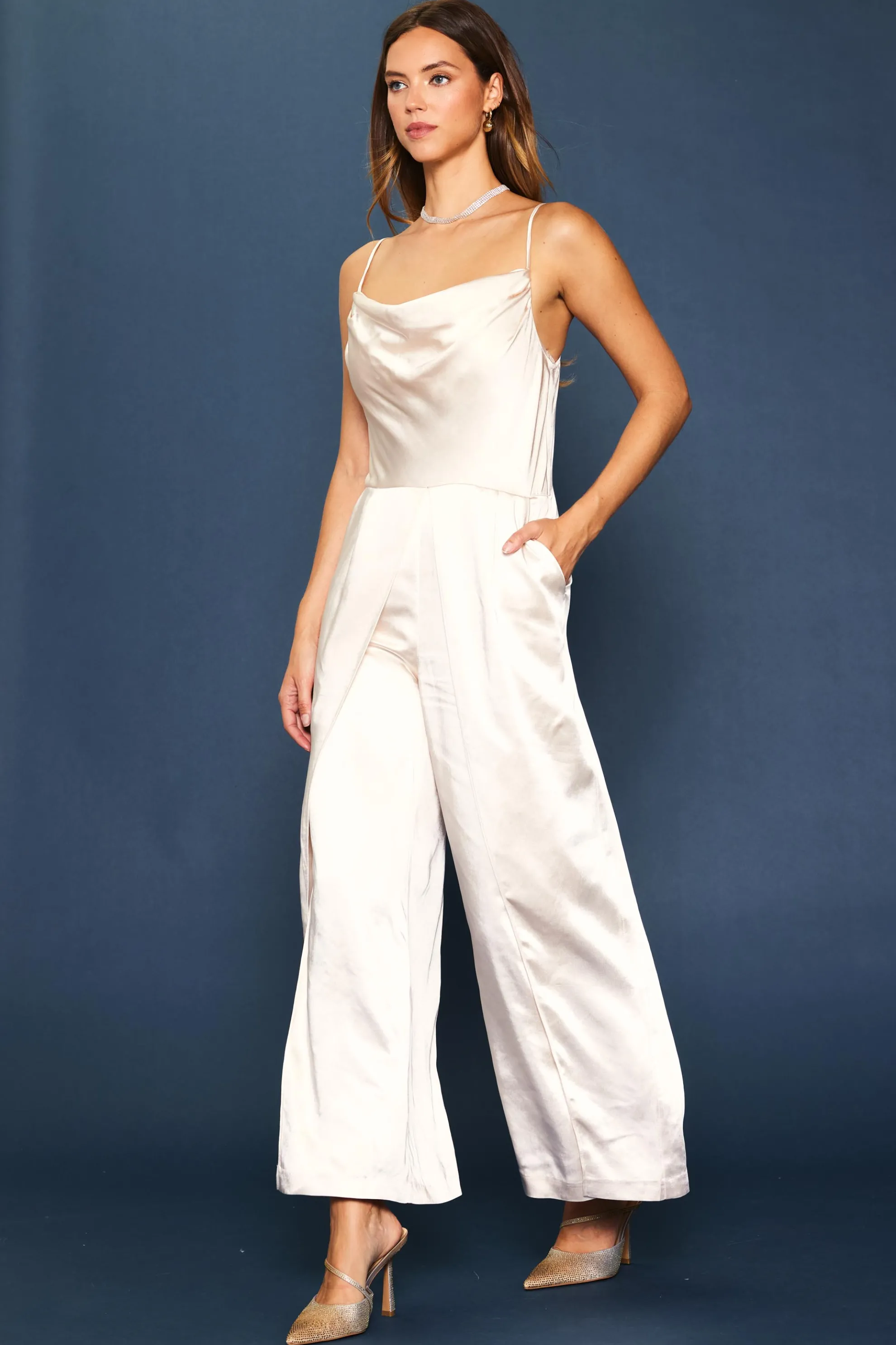 Cowl Neckline Satin Jumpsuit