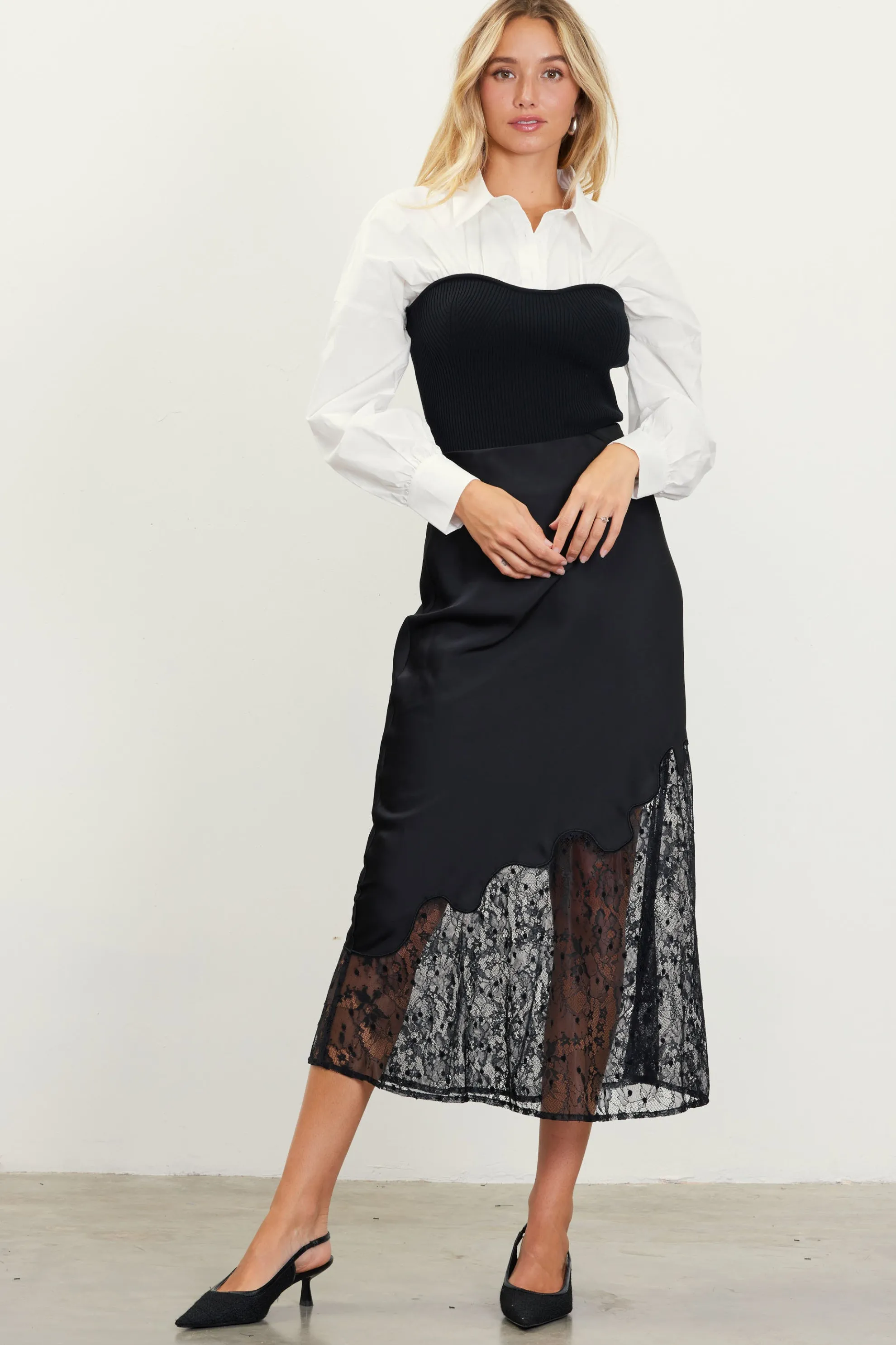 Asymmetrical Lace Satin Skirt