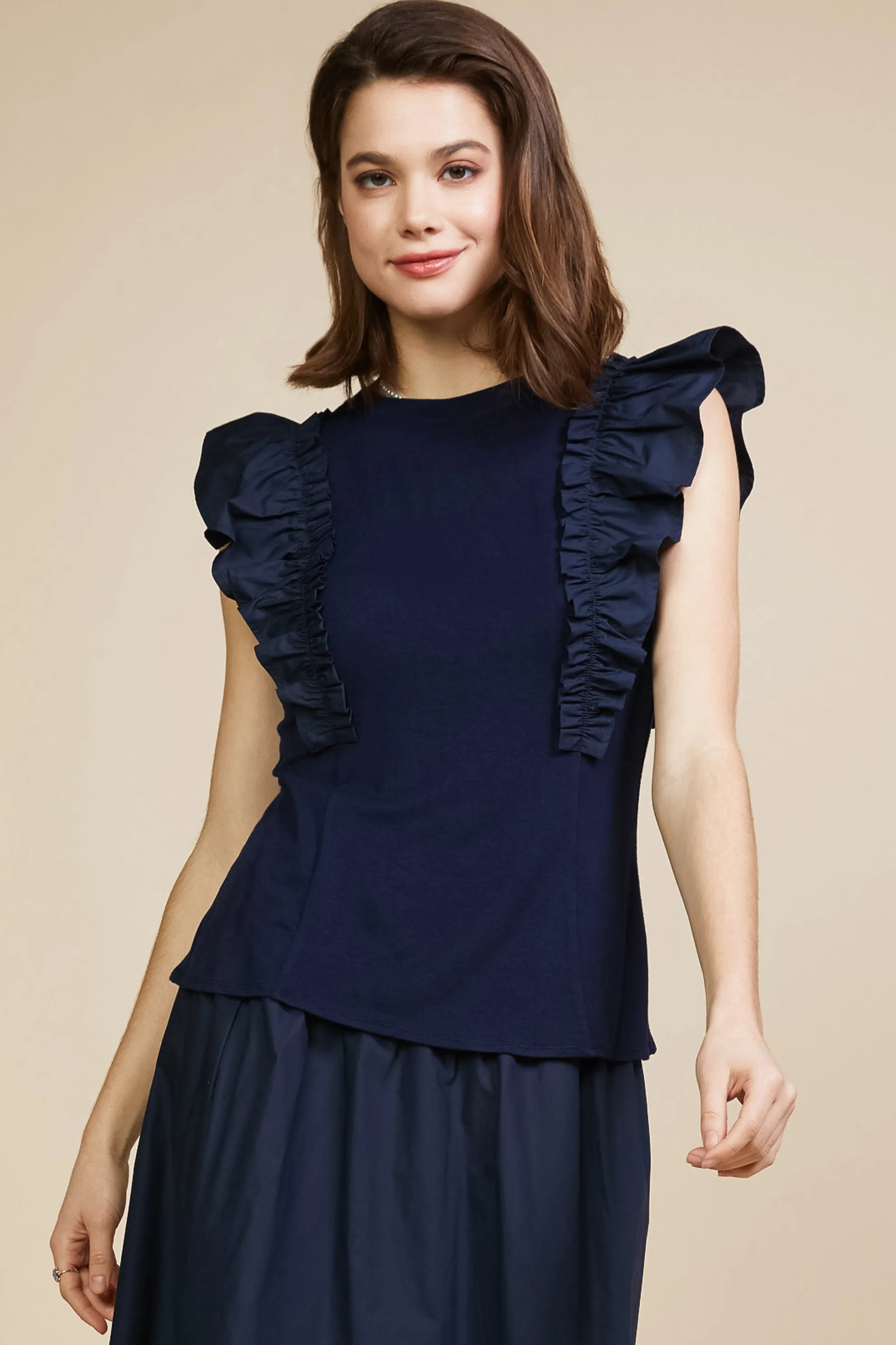 Mixed Media Ruffled Knit Top