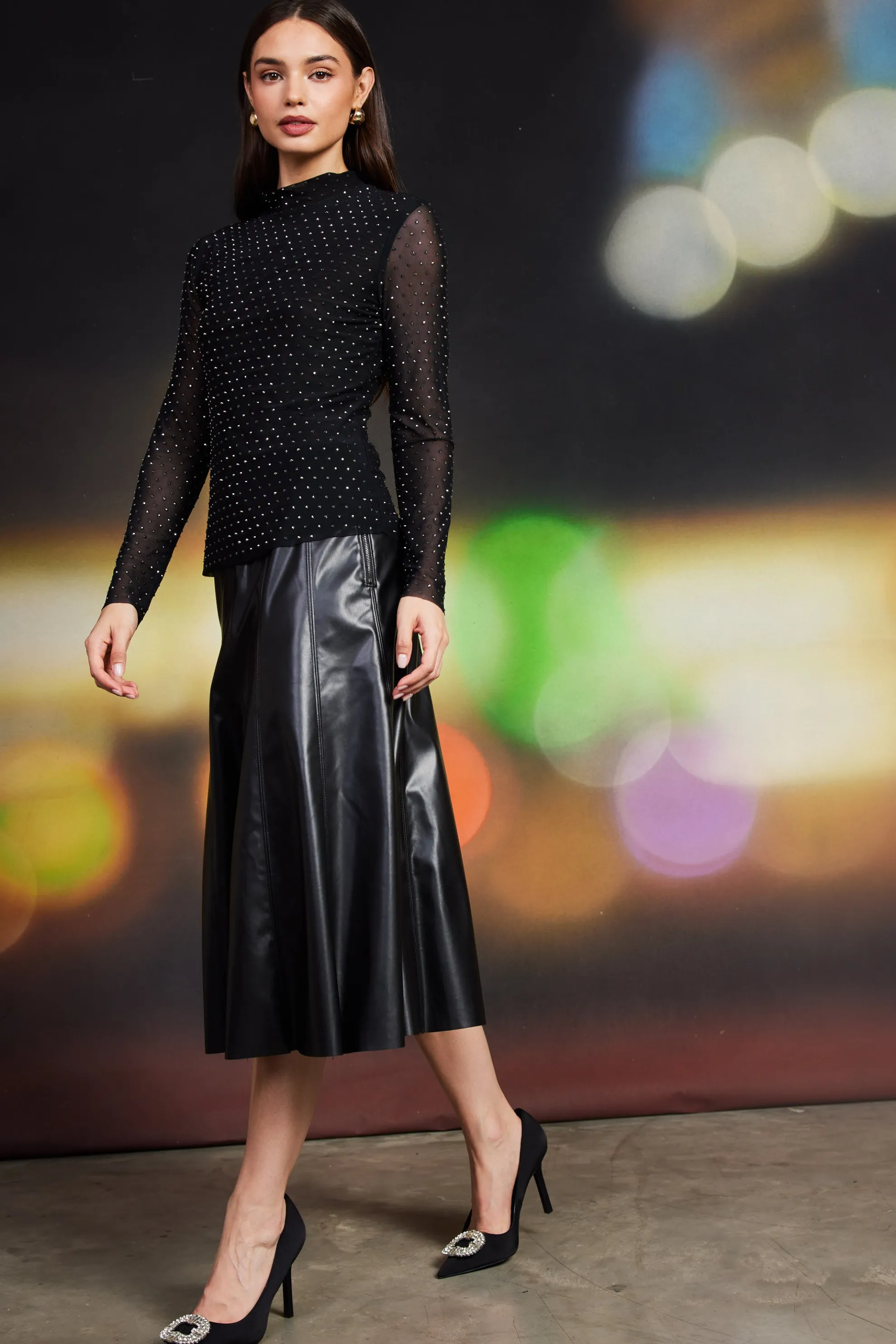 Rhinestone Mesh Mock Neck Top