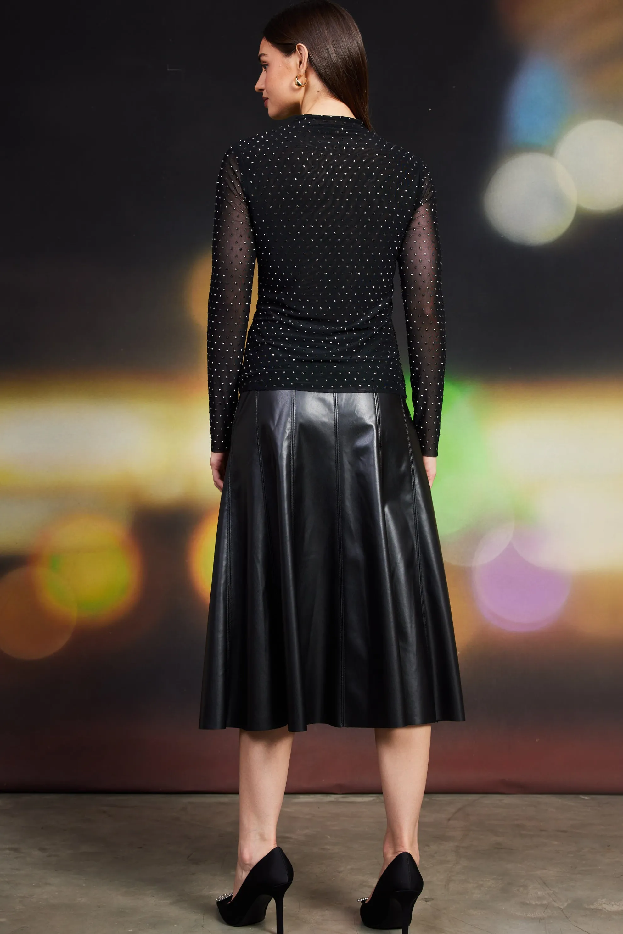 Rhinestone Mesh Mock Neck Top