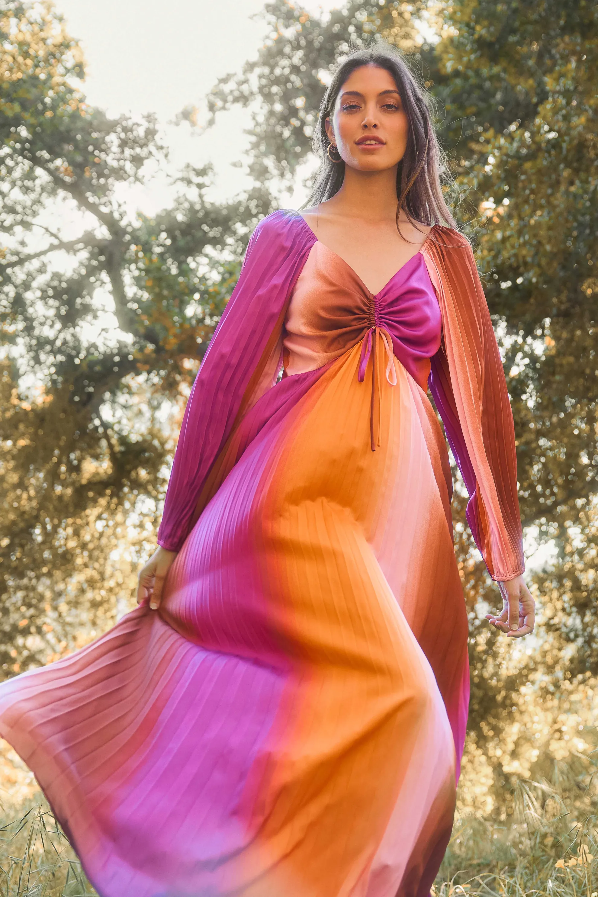 Retro Gradation Pleated Maxi Dress