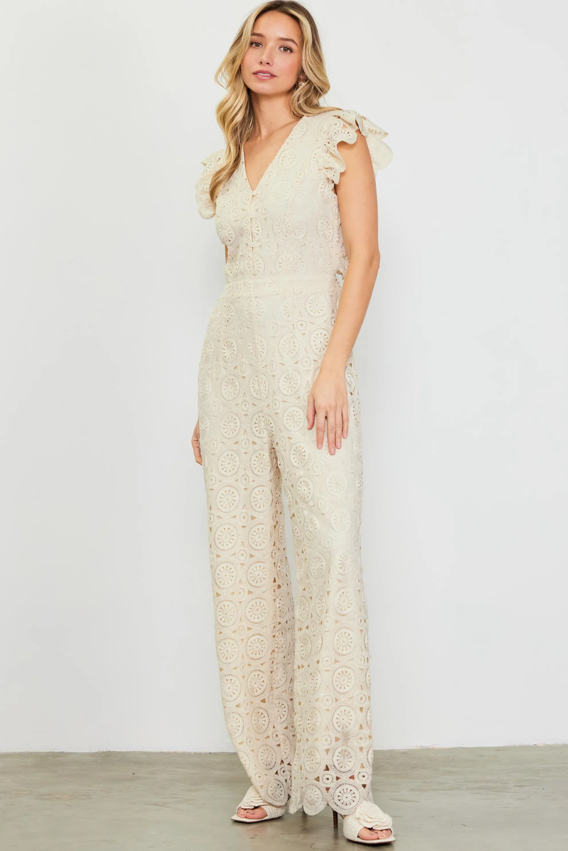 Crochet Ruffled Sleeve Jumpsuit