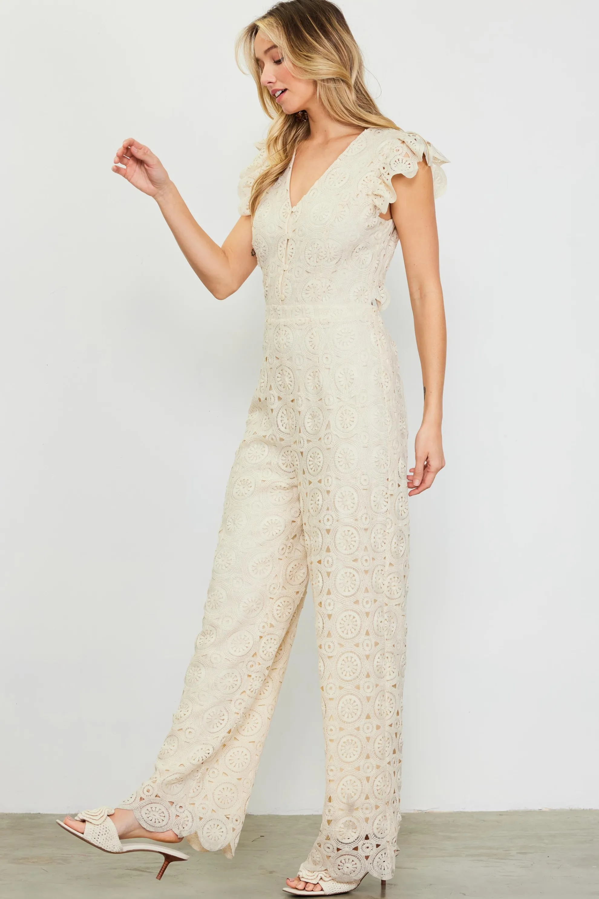 Crochet Ruffled Sleeve Jumpsuit