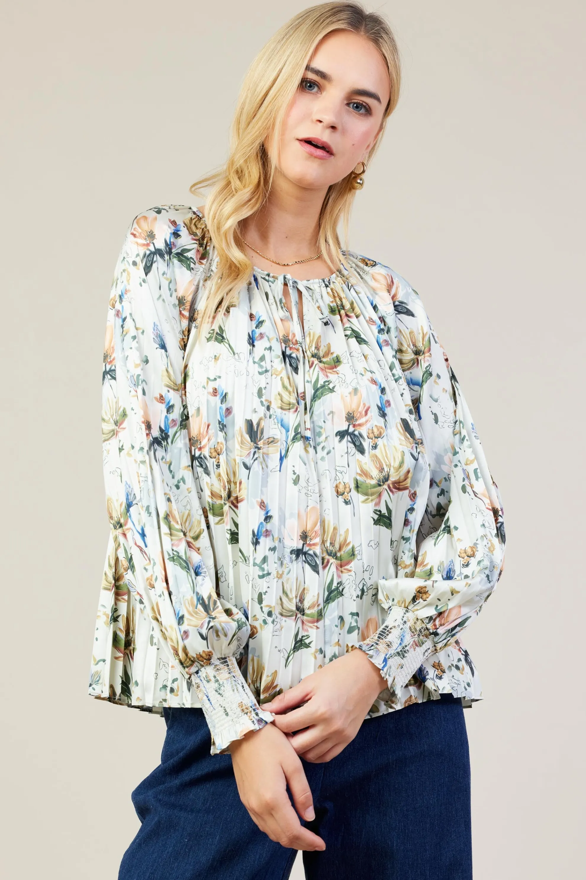 Amani Floral Print Pleated Blouse