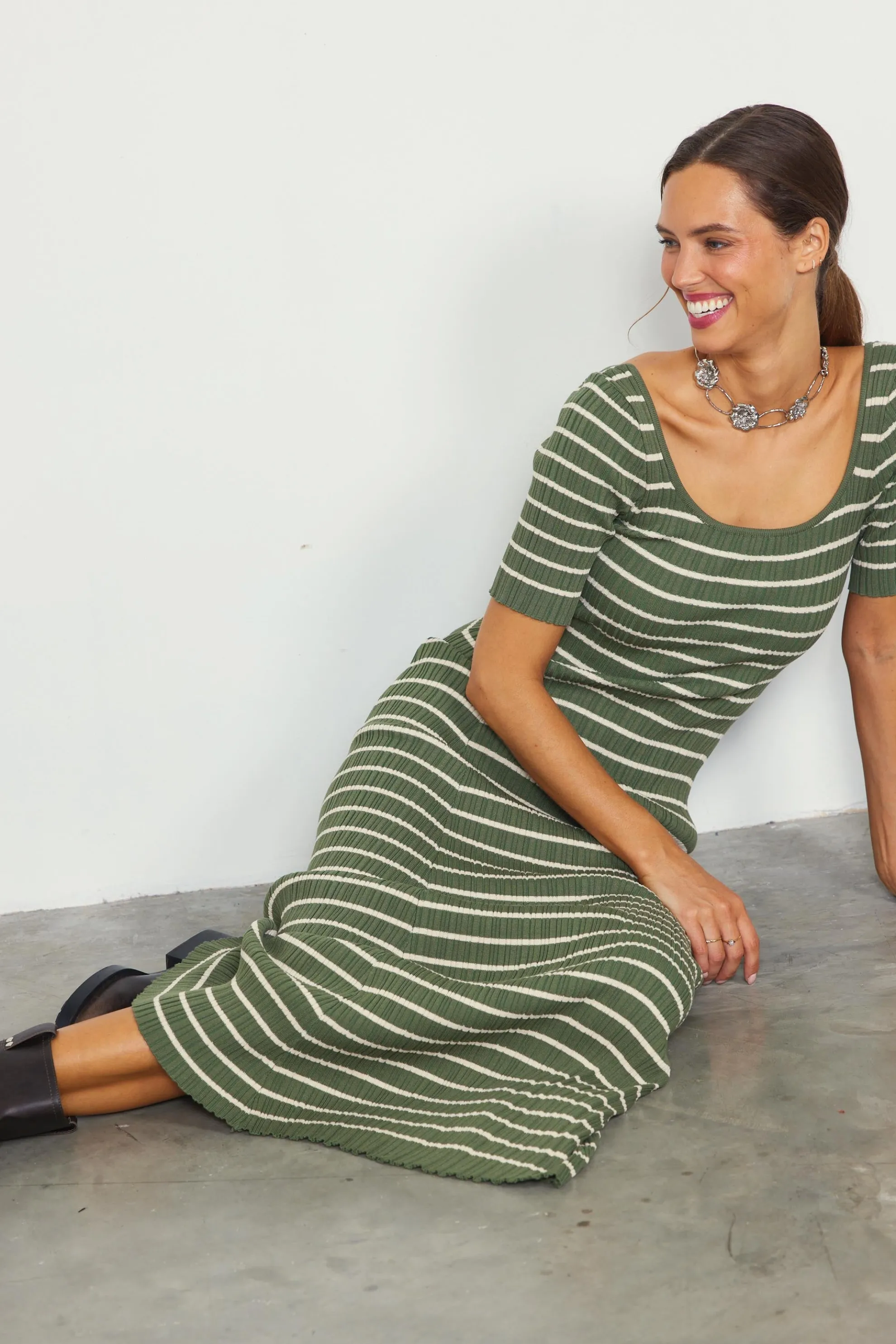 Short Sleeve Striped Knit Maxi Dress