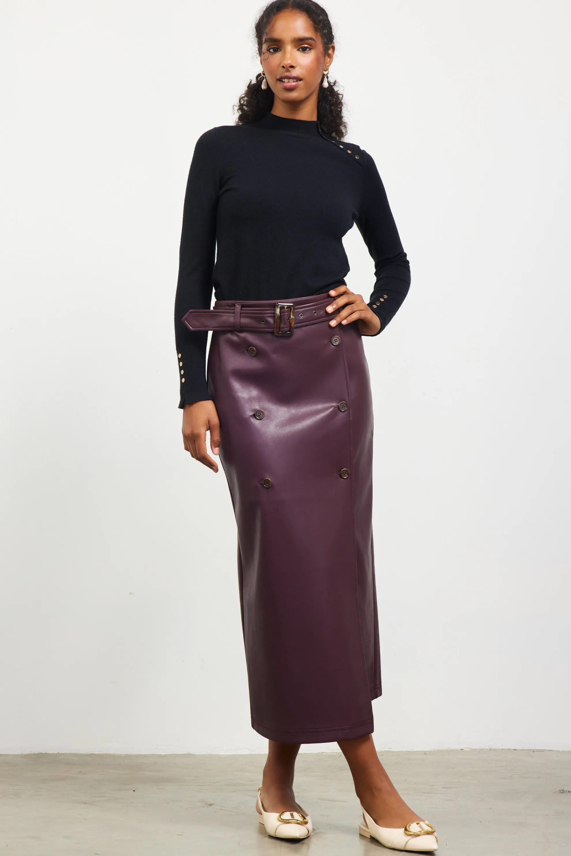Faux Leather Belted Midi Skirt