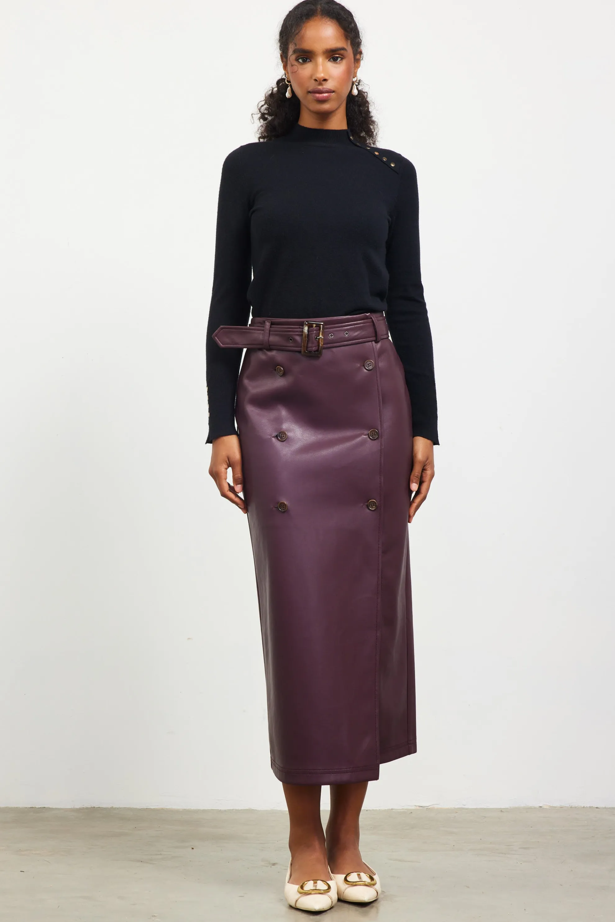 Faux Leather Belted Midi Skirt