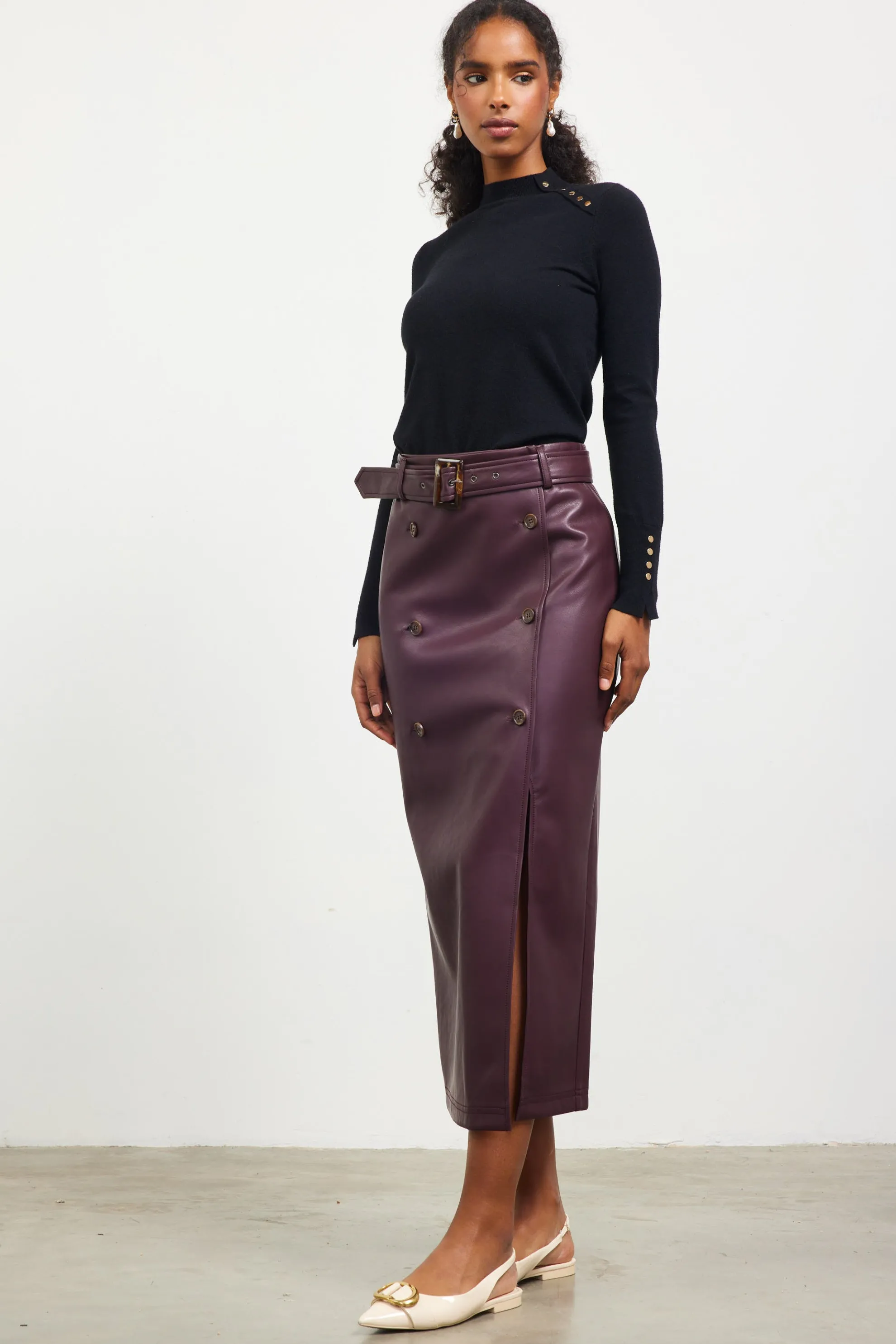 Faux Leather Belted Midi Skirt