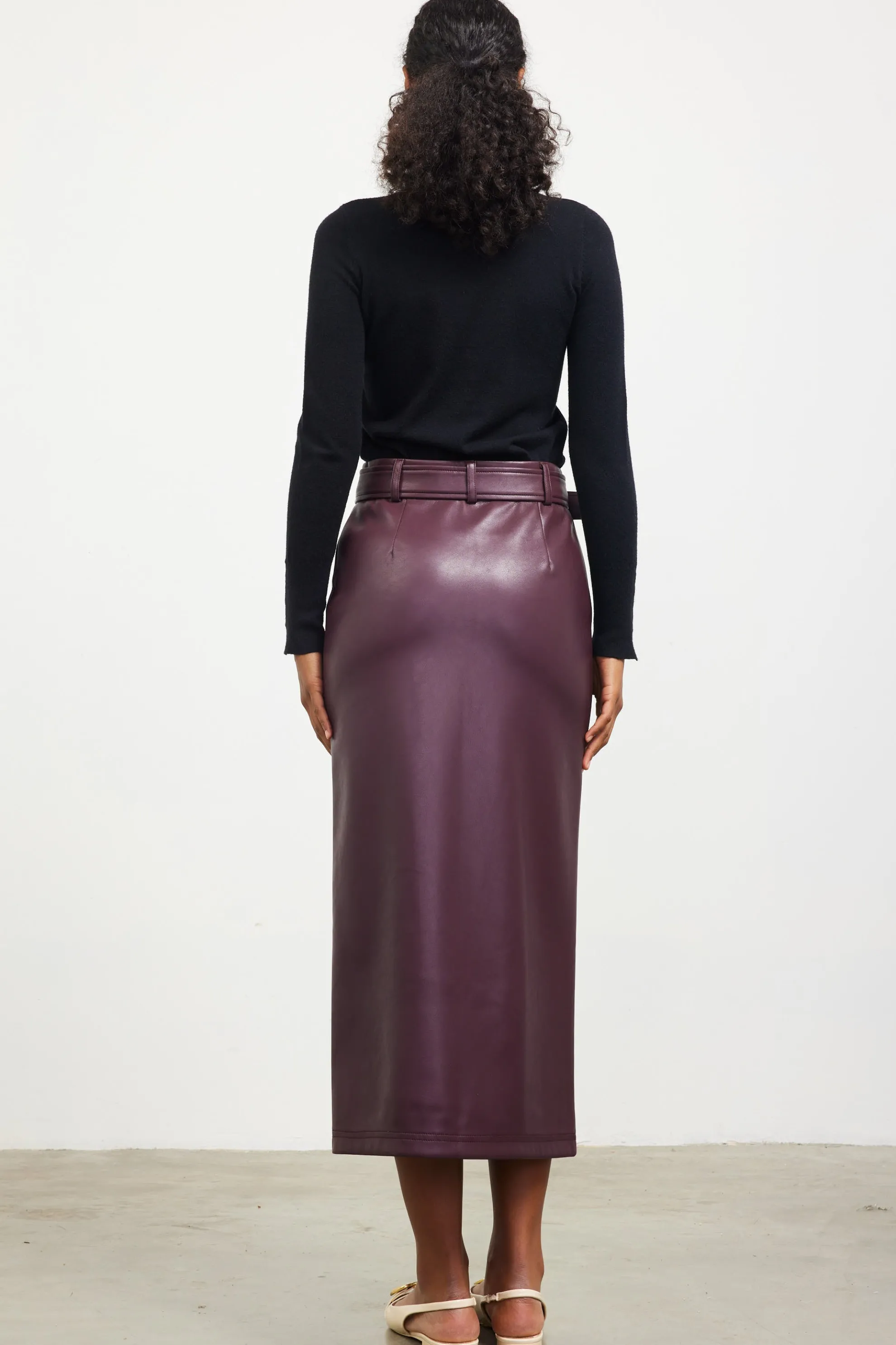 Faux Leather Belted Midi Skirt