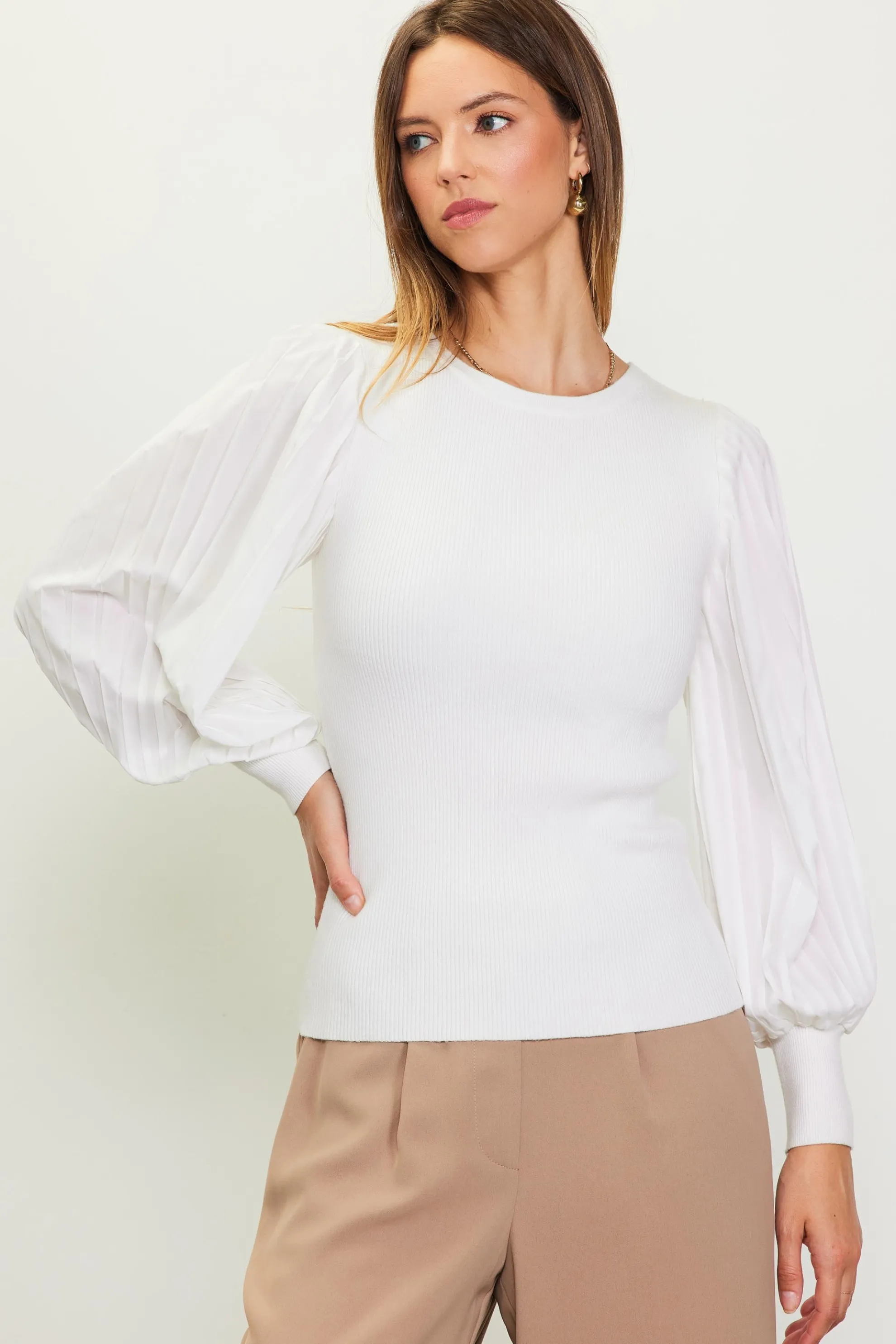 Mixed Media Pleated Sleeve Top