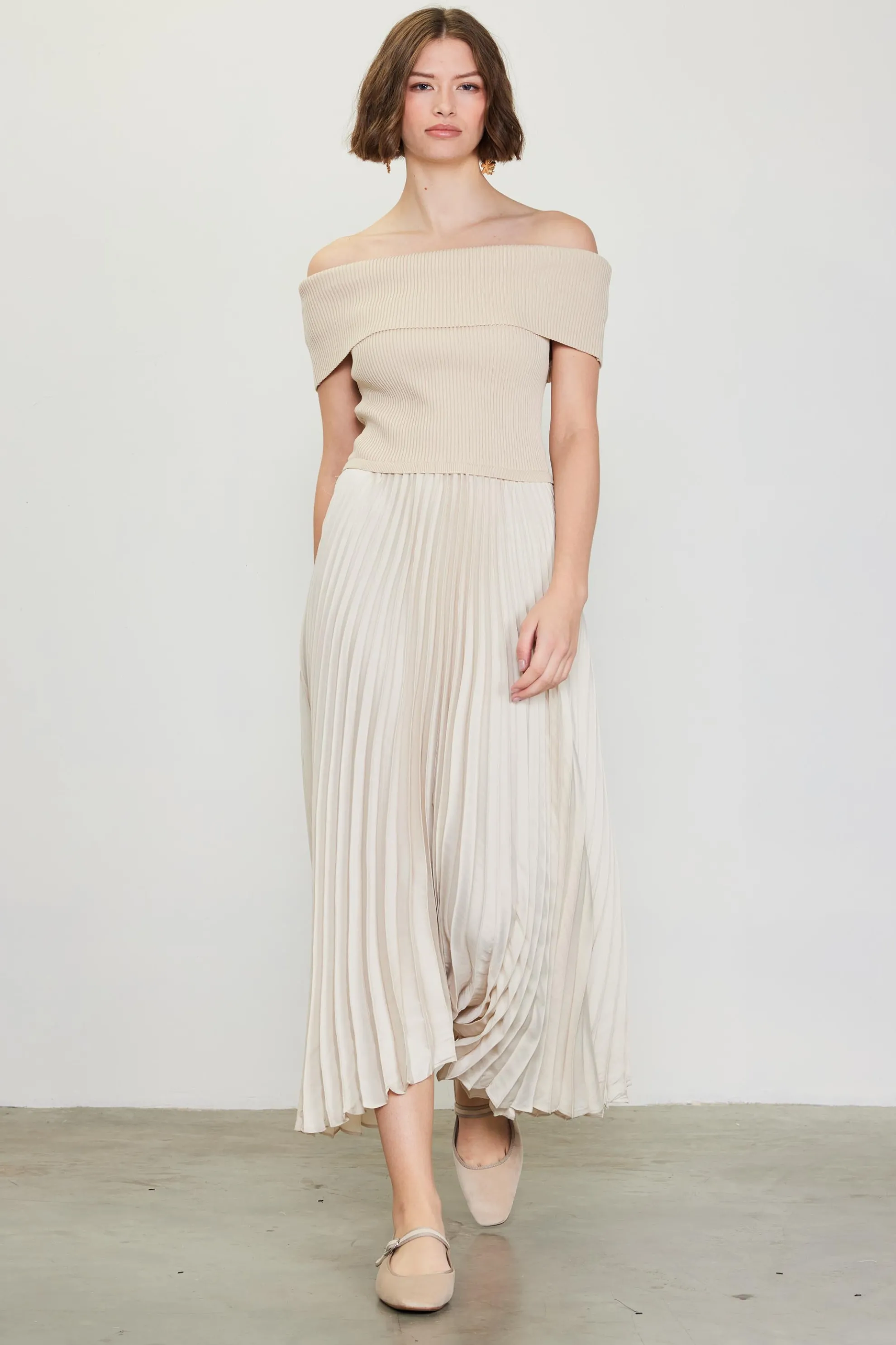 Off Shoulder Mixed Media Pleated Dress