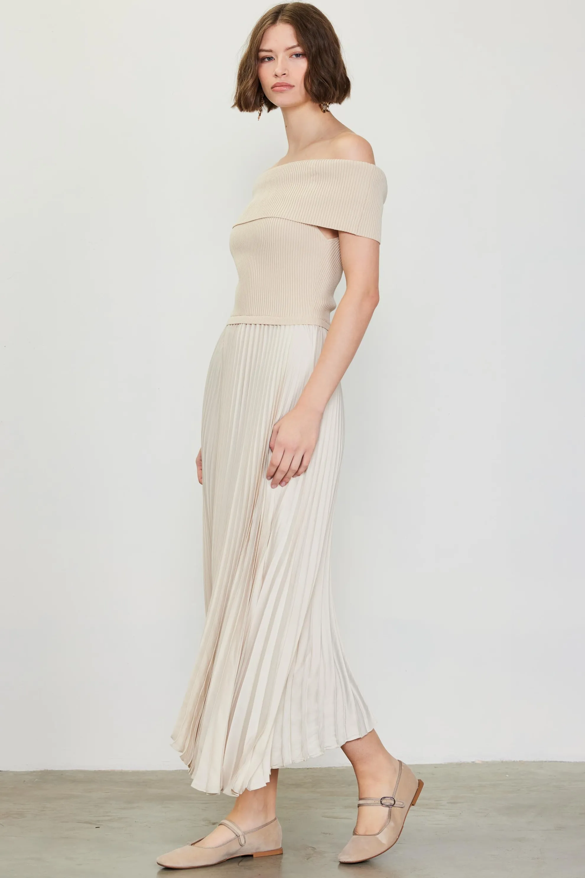 Off Shoulder Mixed Media Pleated Dress