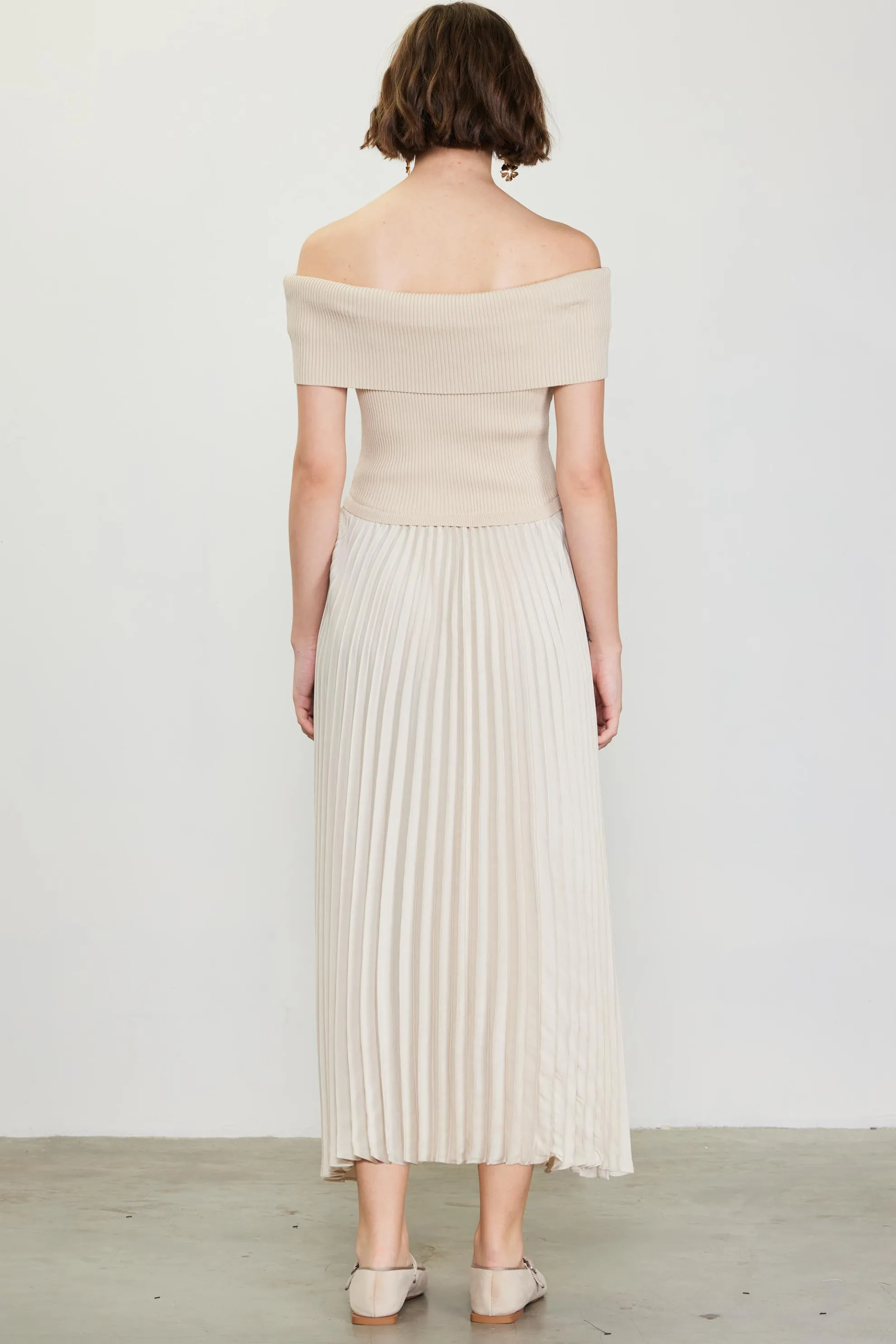 Off Shoulder Mixed Media Pleated Dress