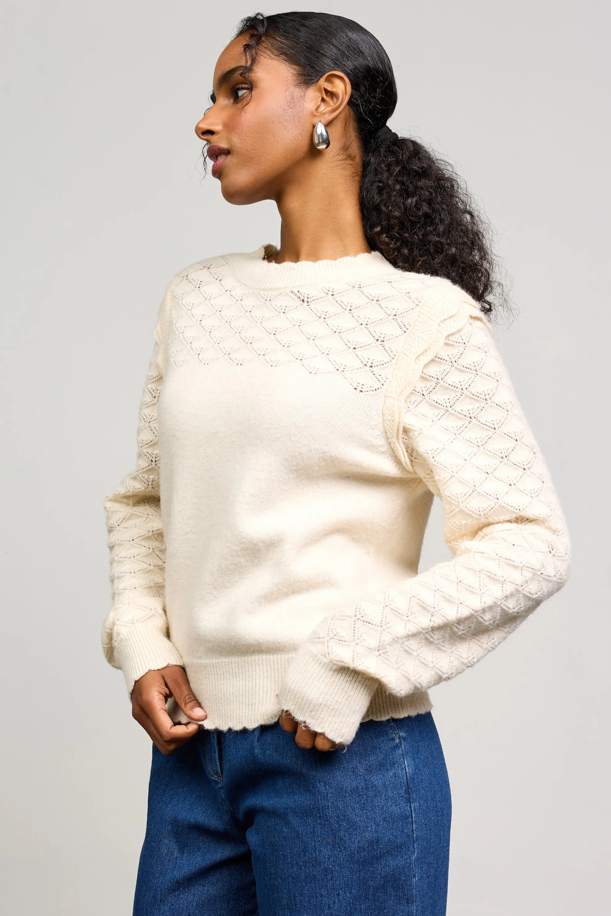 Ruffled Sleeve Pointelle Sweater