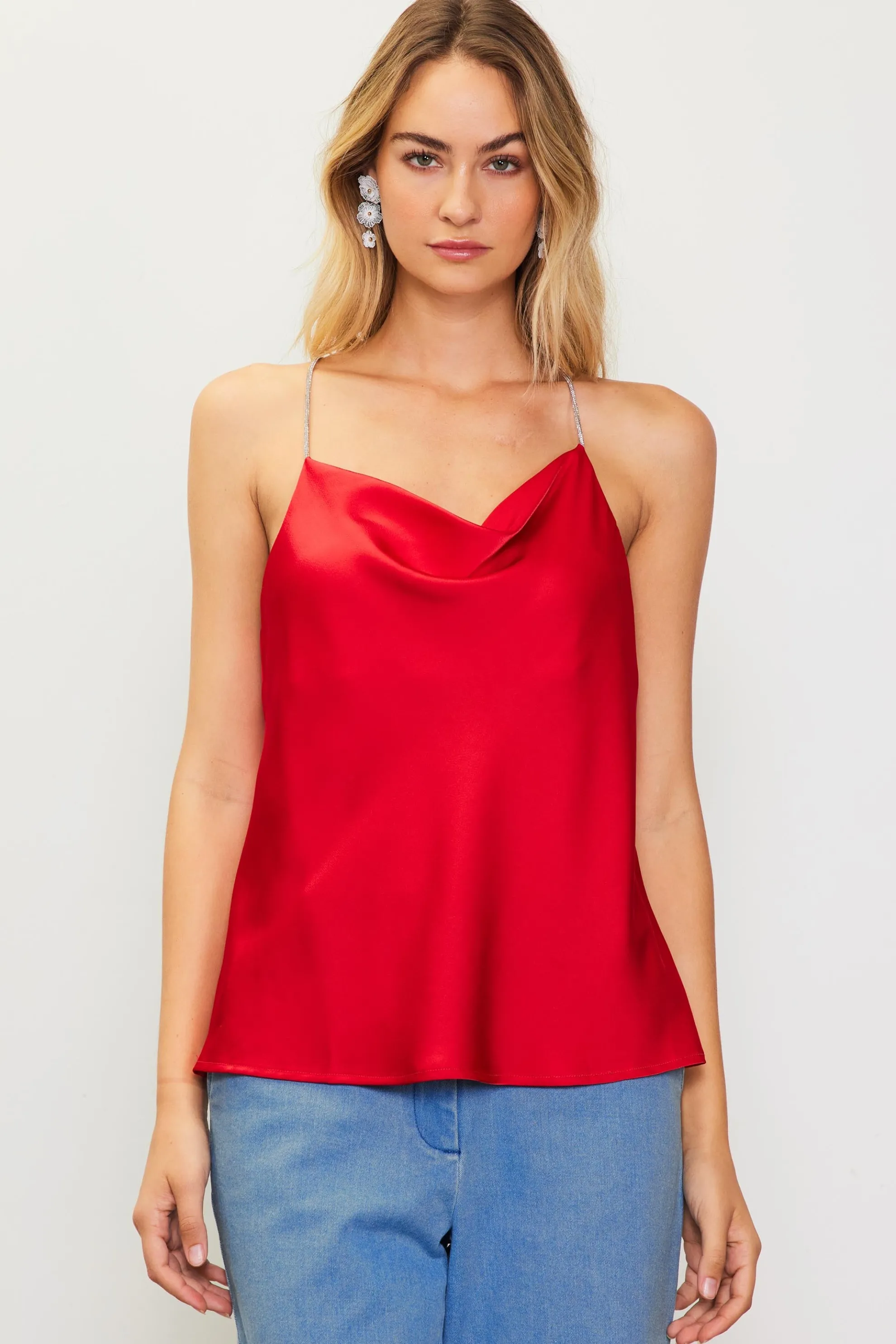 Rhinestone Straps Cowl Halter Cami