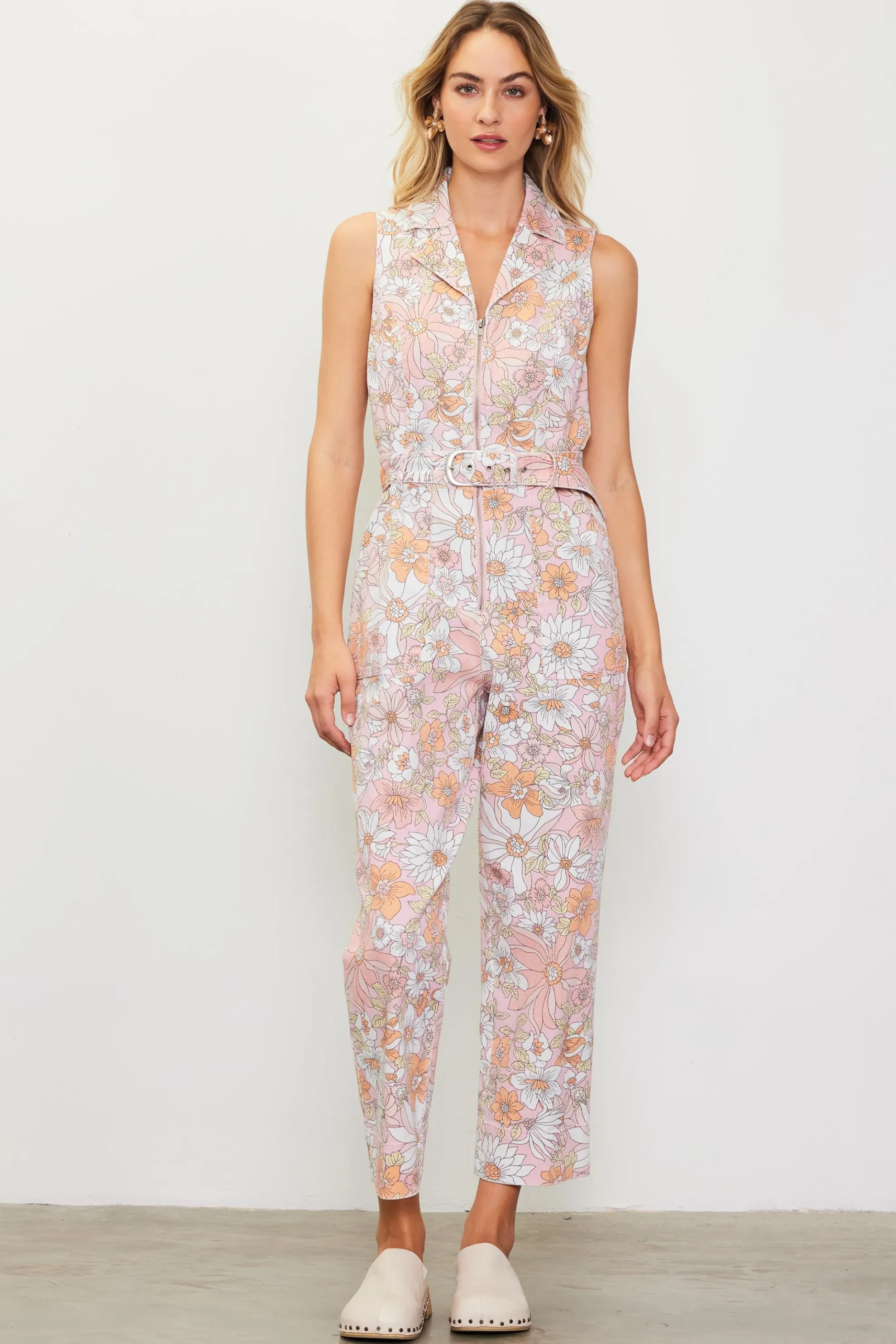 Retro Floral Belted Zip Jumpsuit