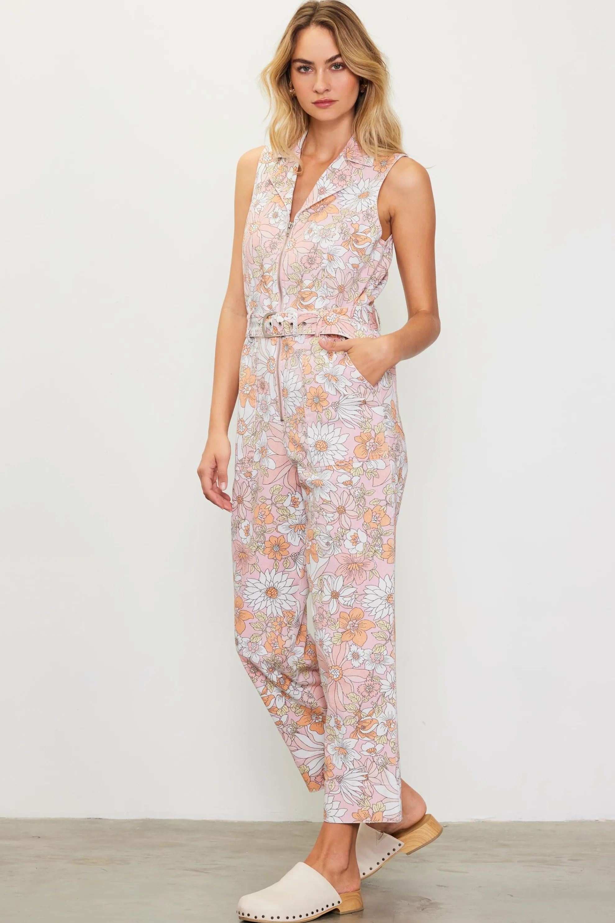 Retro Floral Belted Zip Jumpsuit