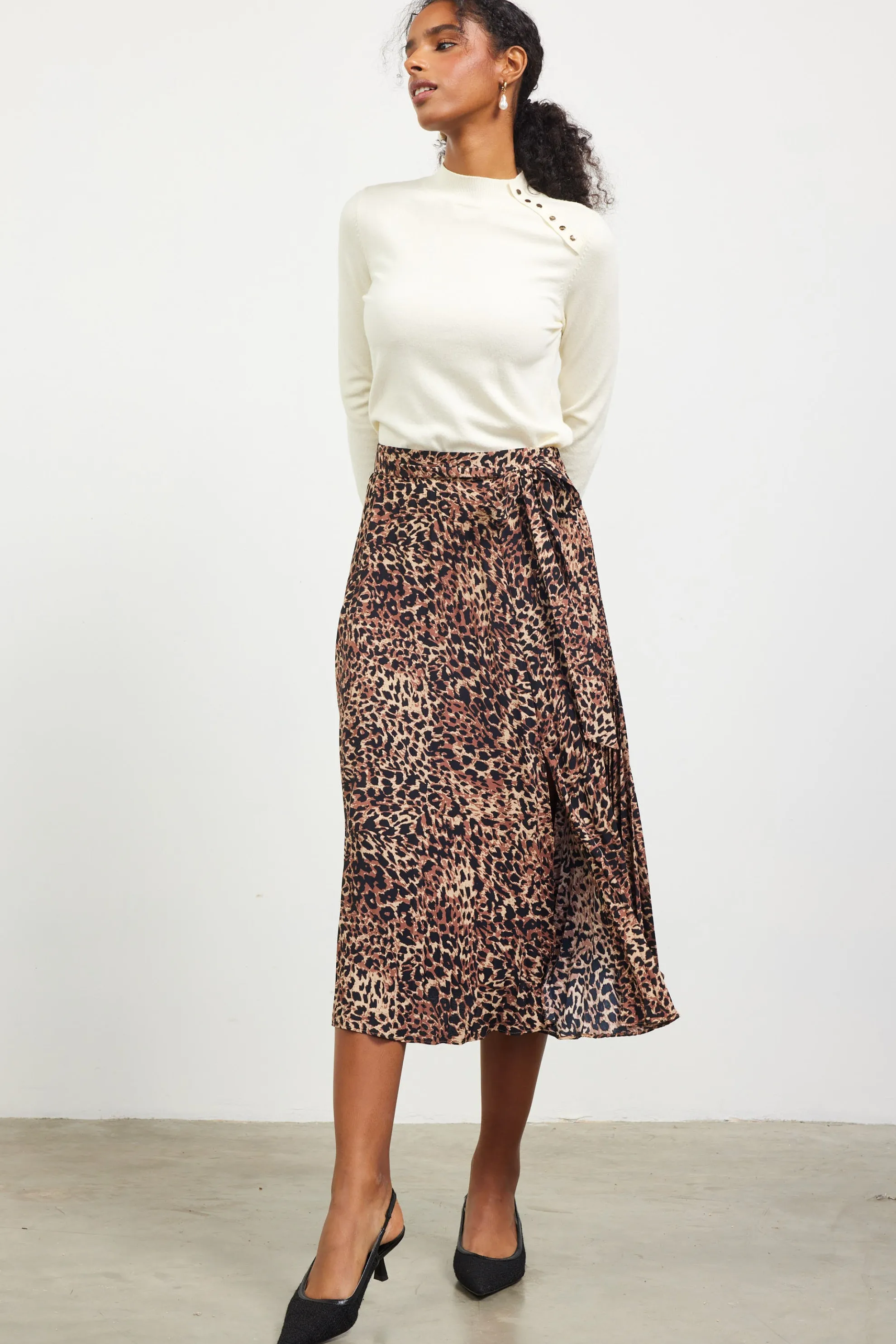 Leopard Print Pleated Midi Skirt