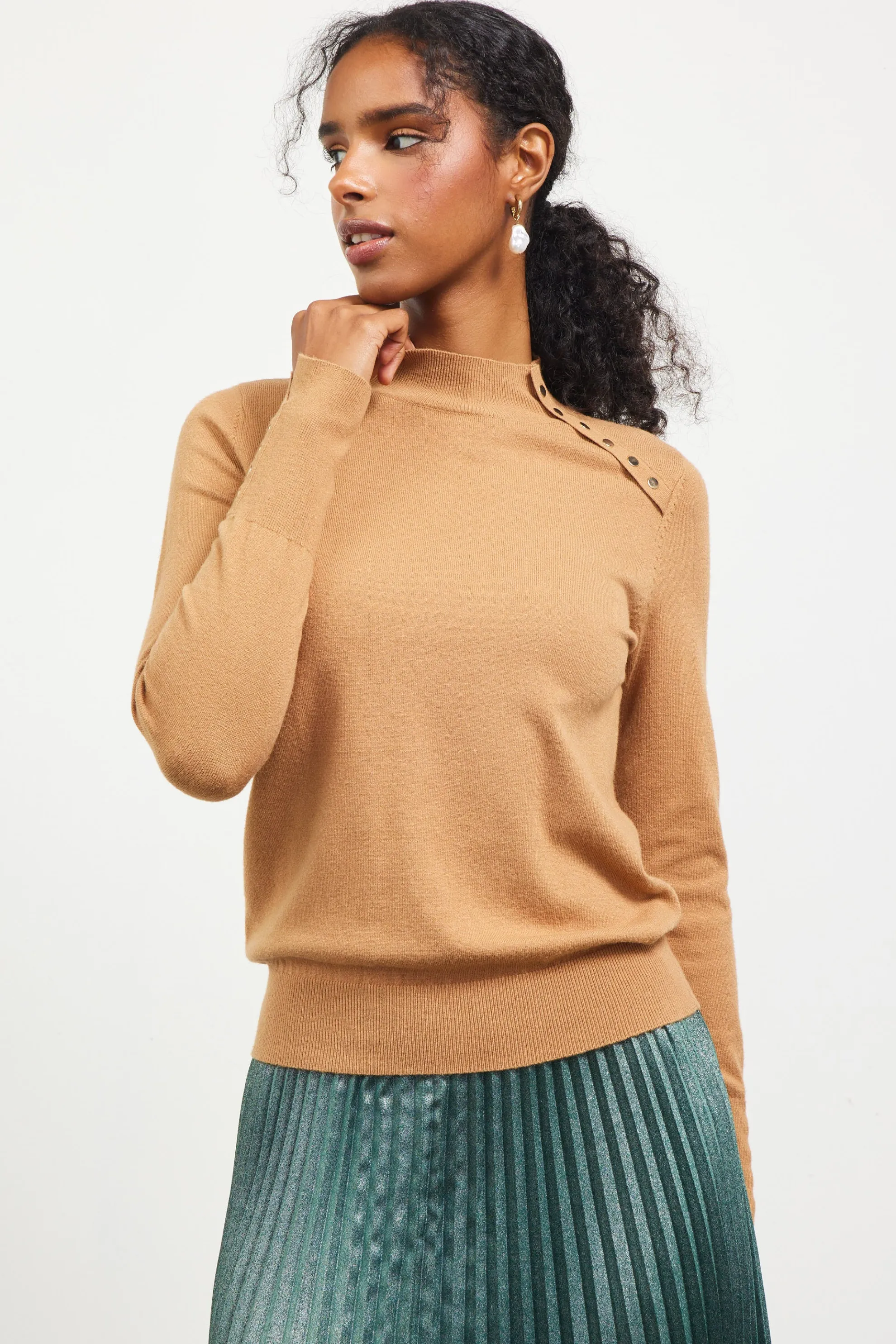 Button Detail Mock Neck Sweater