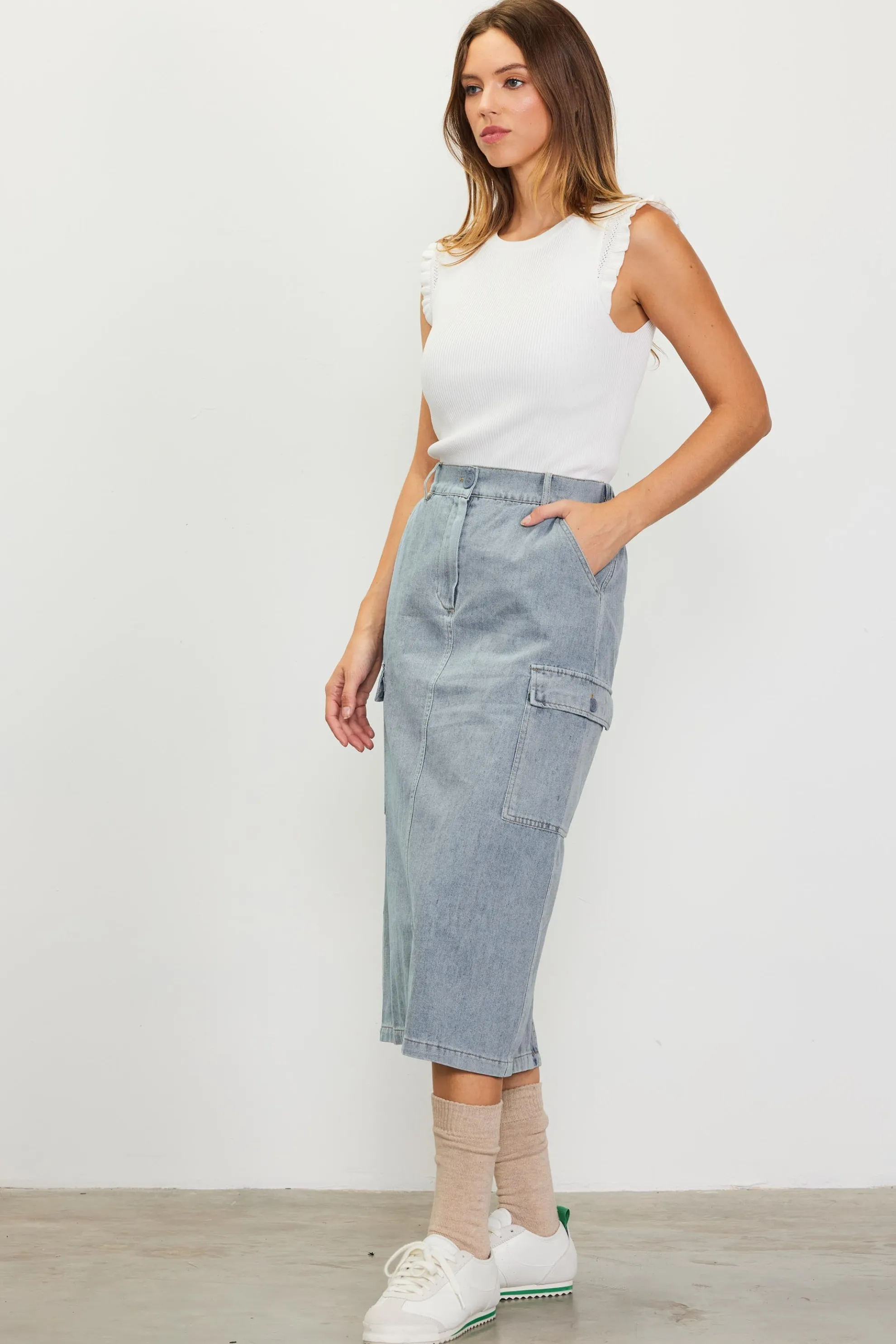 Cargo Detail Denim Midi Skirt