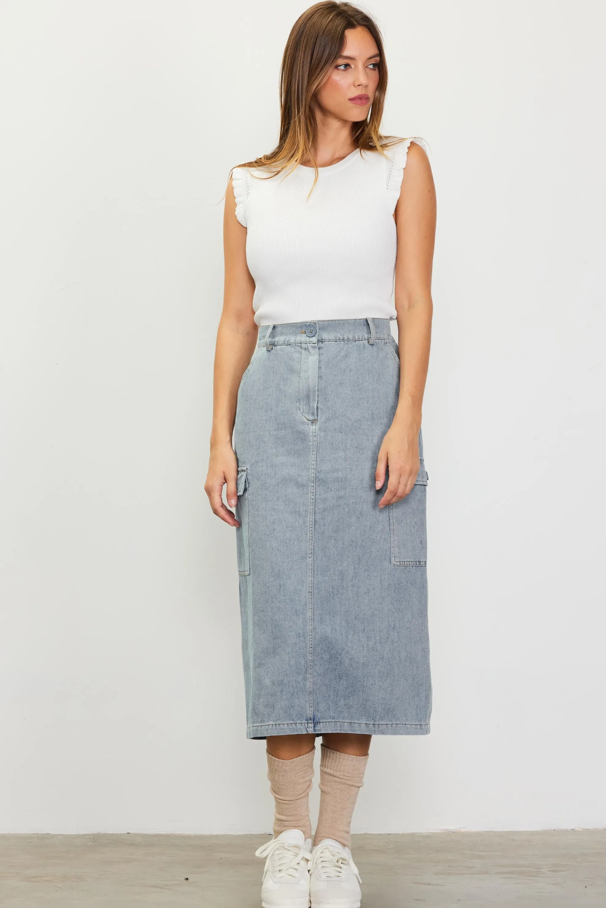 Cargo Detail Denim Midi Skirt