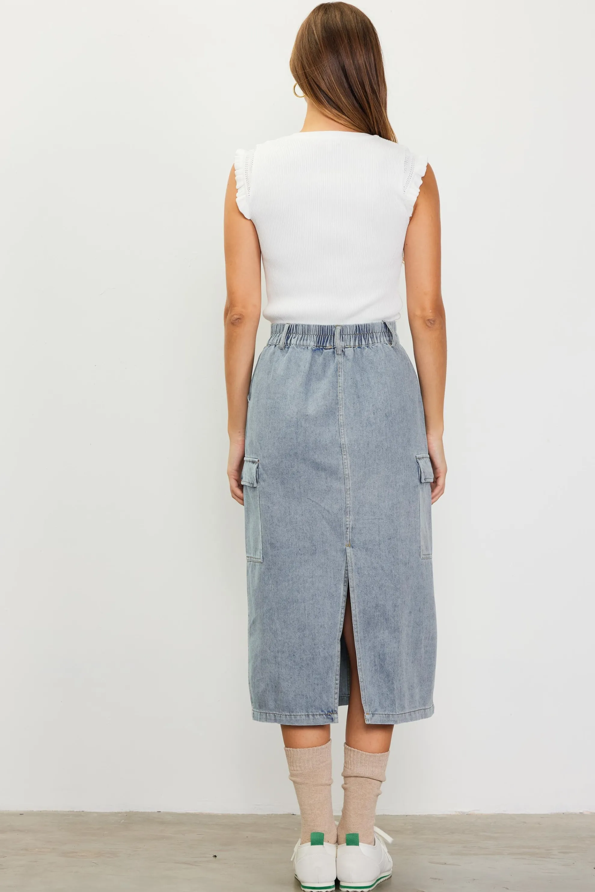 Cargo Detail Denim Midi Skirt