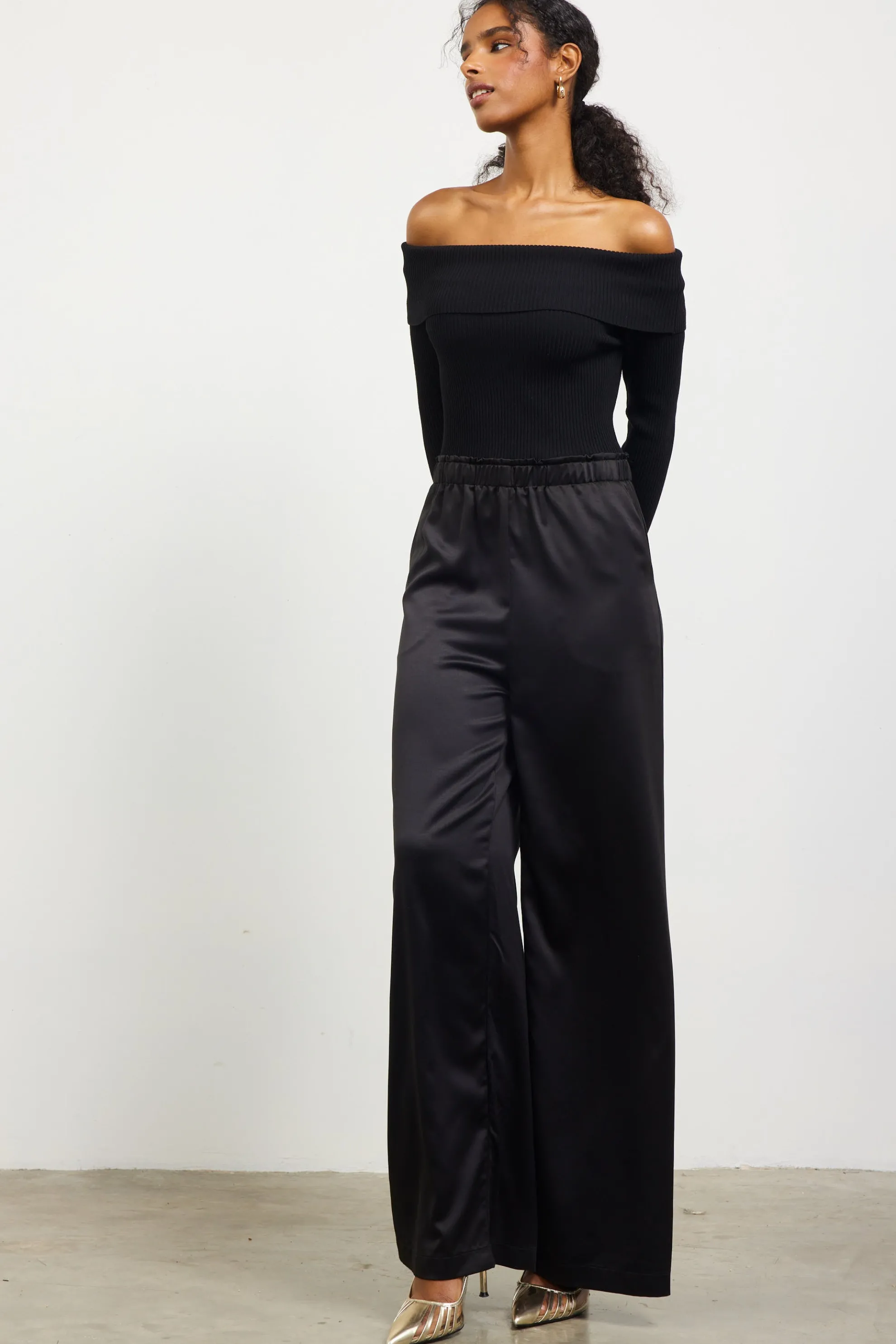 Mixed Media Off-Shoulder Jumpsuit