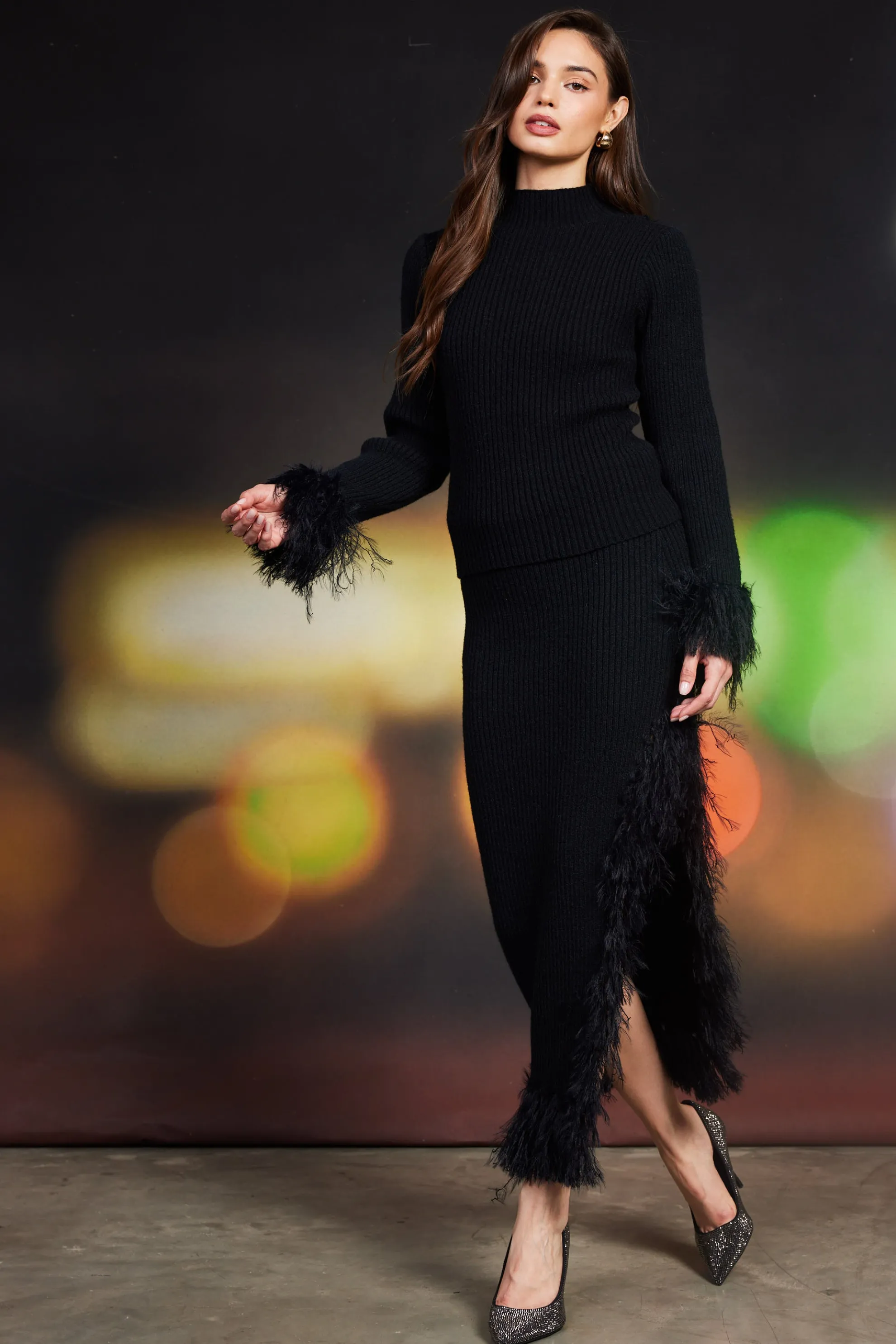 Clio Feathered Fringe Mock Neck Sweater