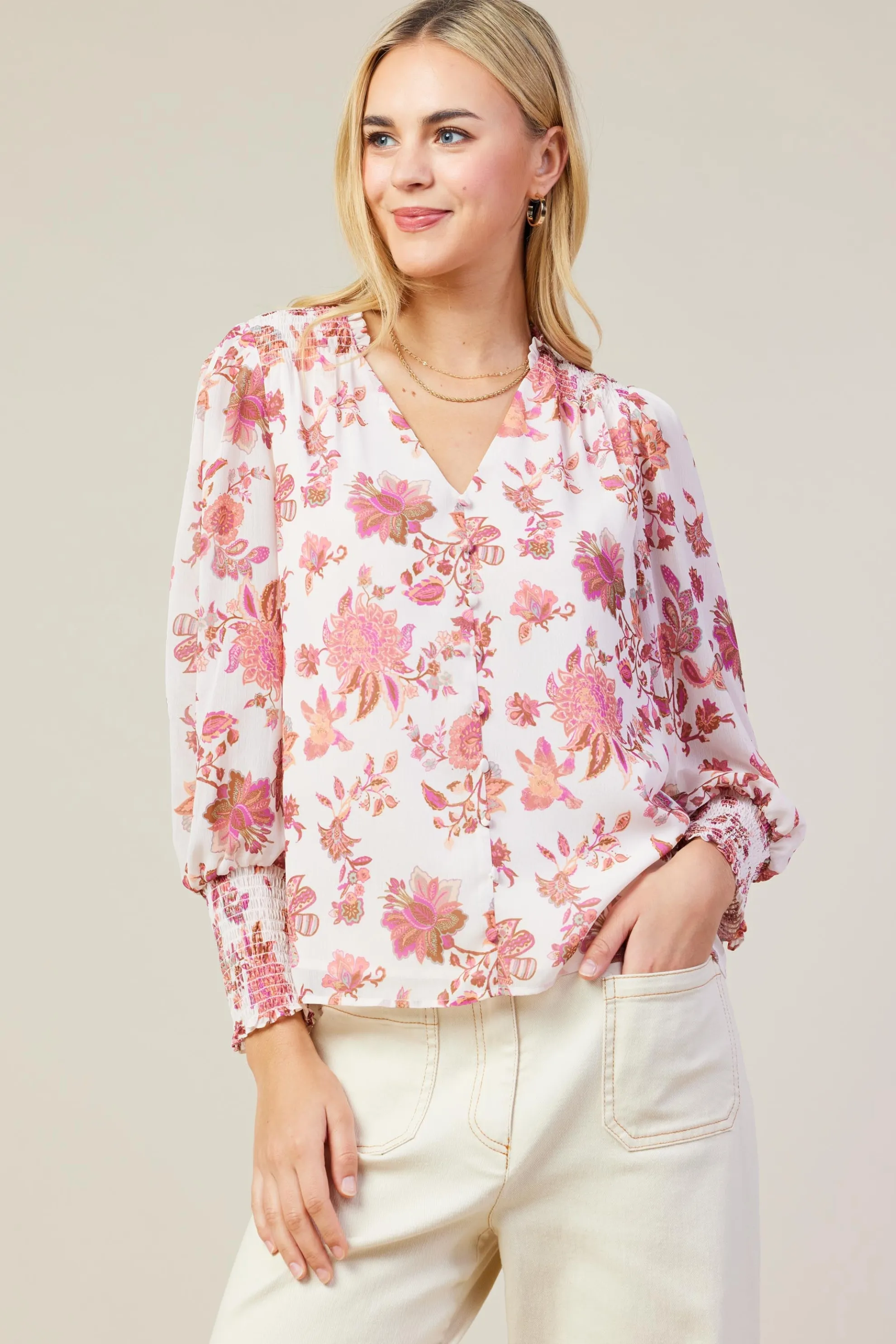 Ceres Floral Print Smocked Detail Top
