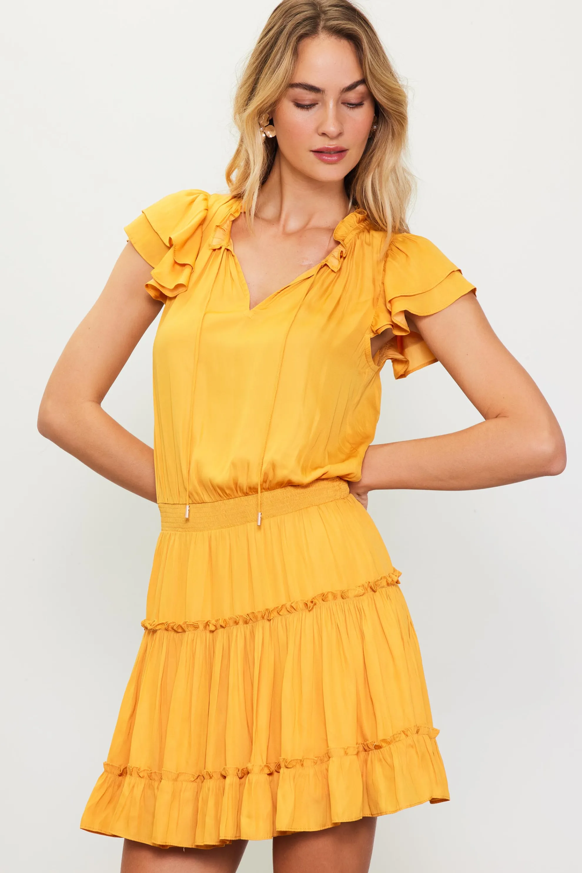Satin Ruffled Sleeve Mini Dress