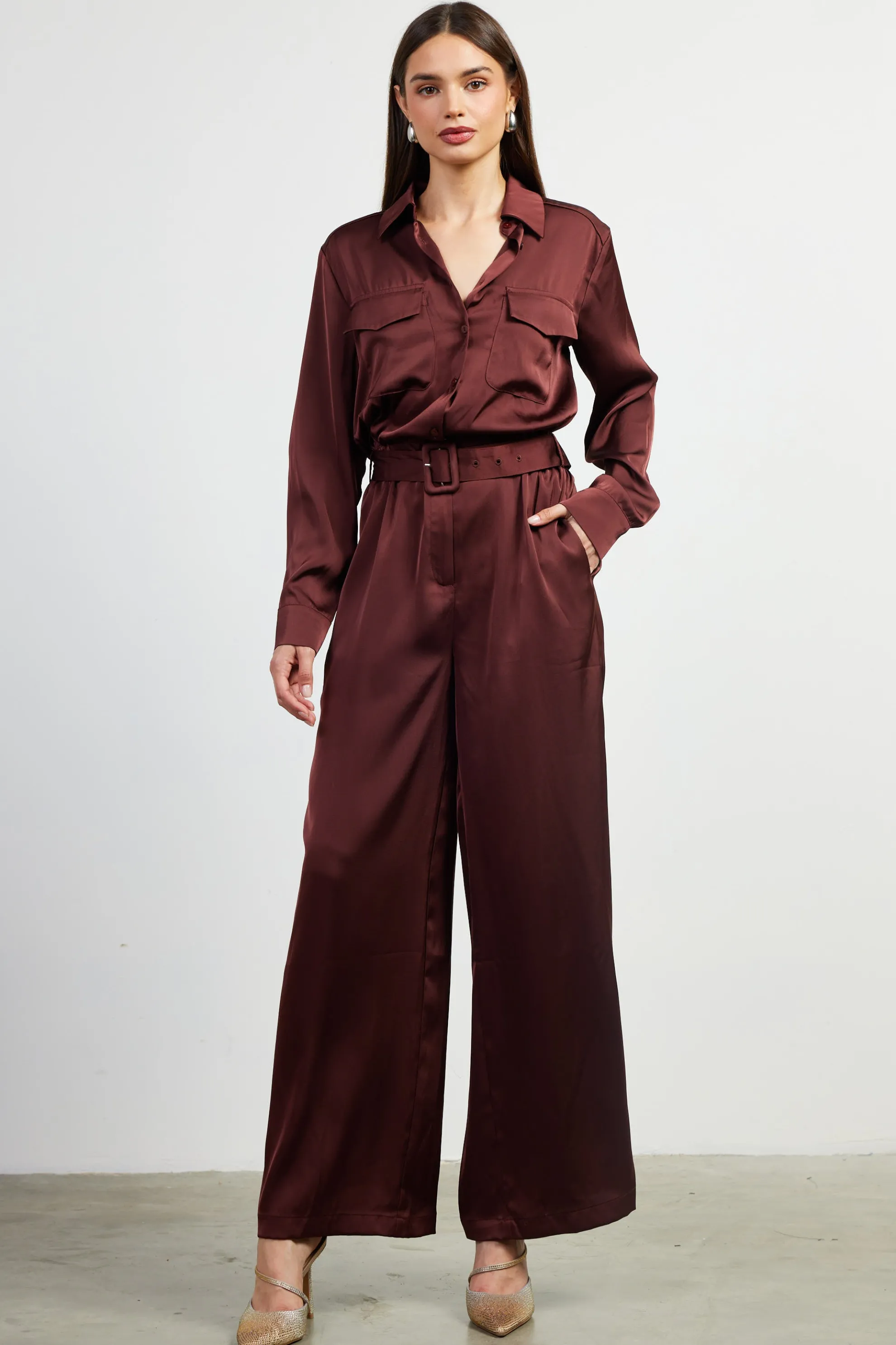 Satin Button Down Belted Jumpsuit