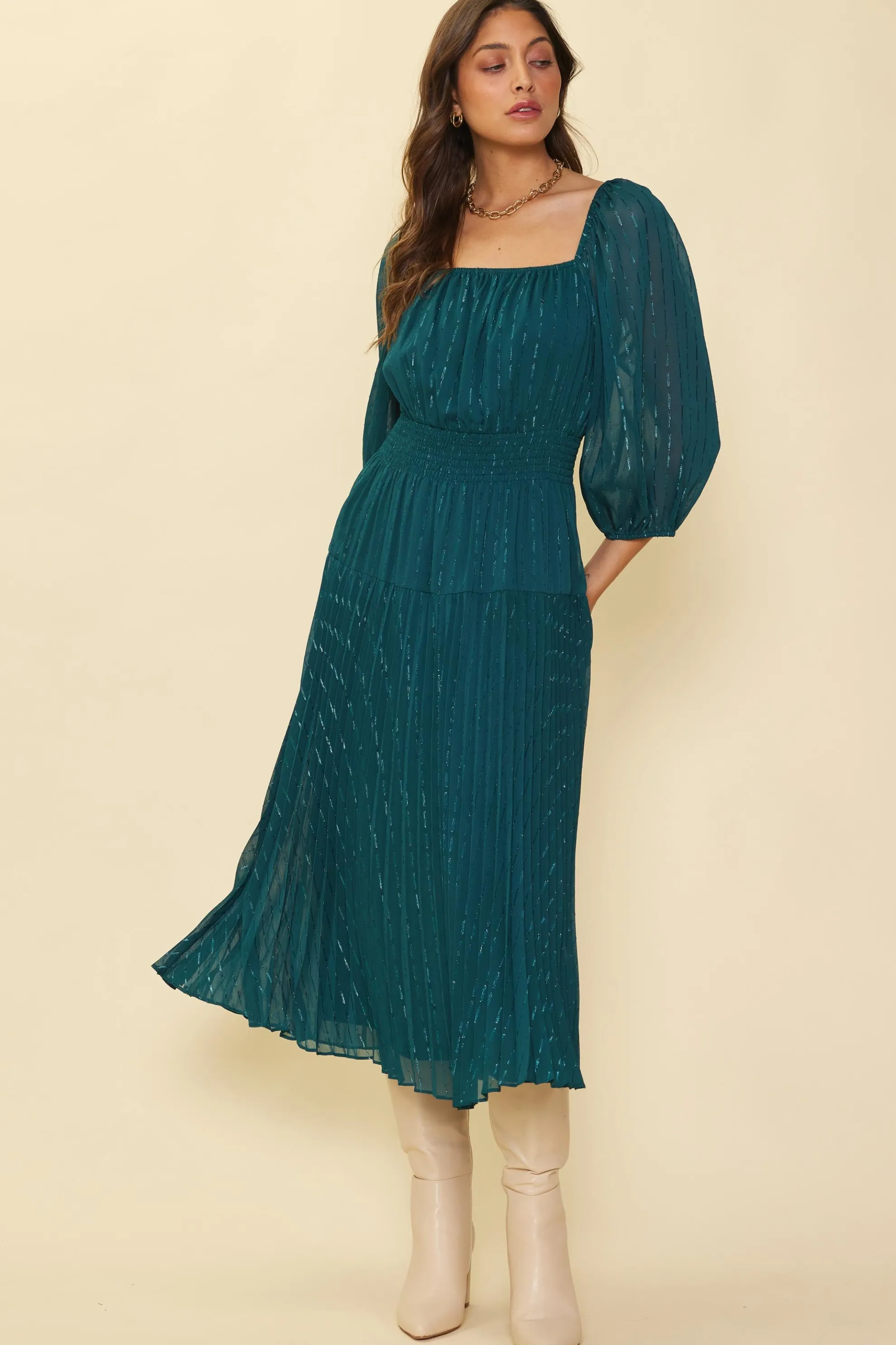 Shimmery Pleated Midi Dress