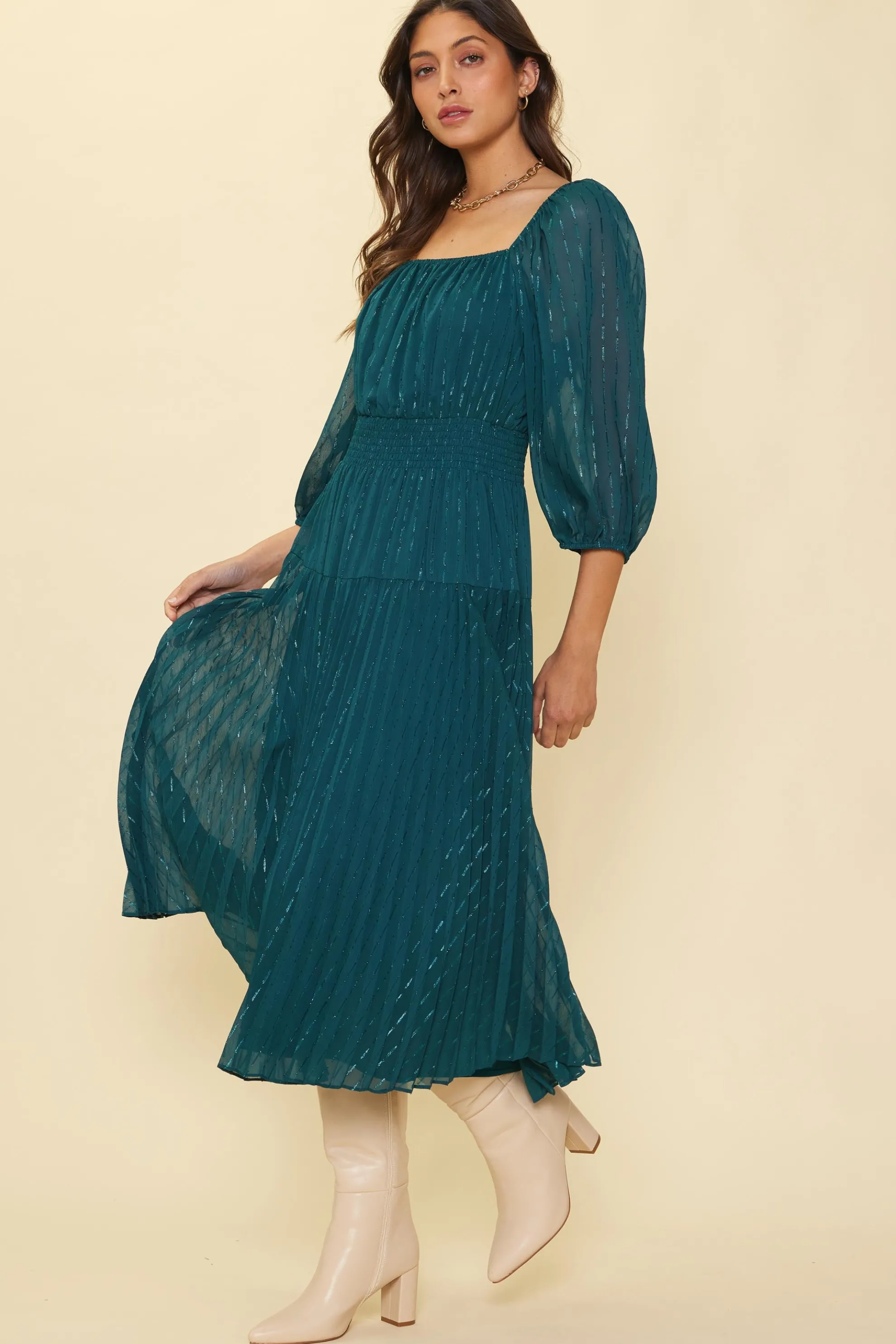 Shimmery Pleated Midi Dress