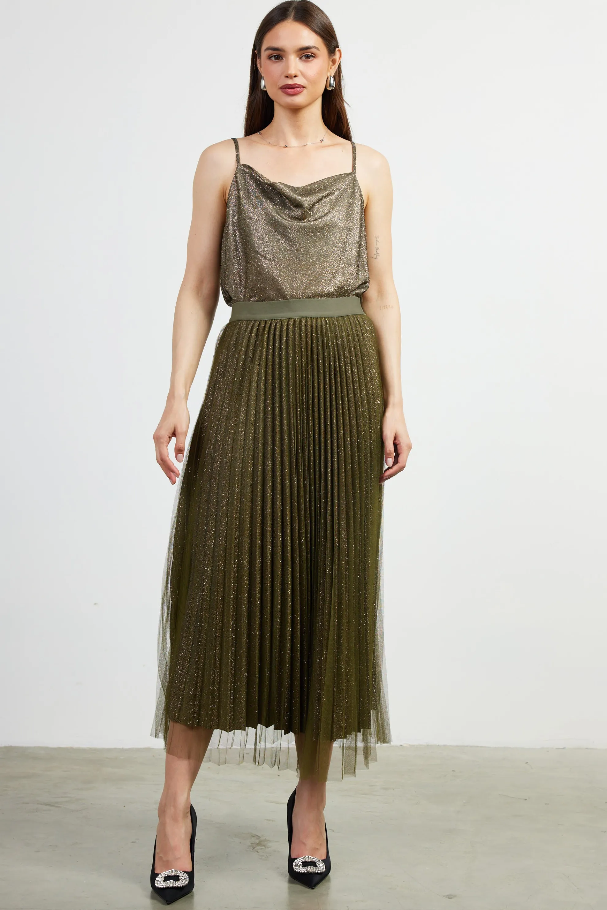 Shimmery Pleated Midi Skirt