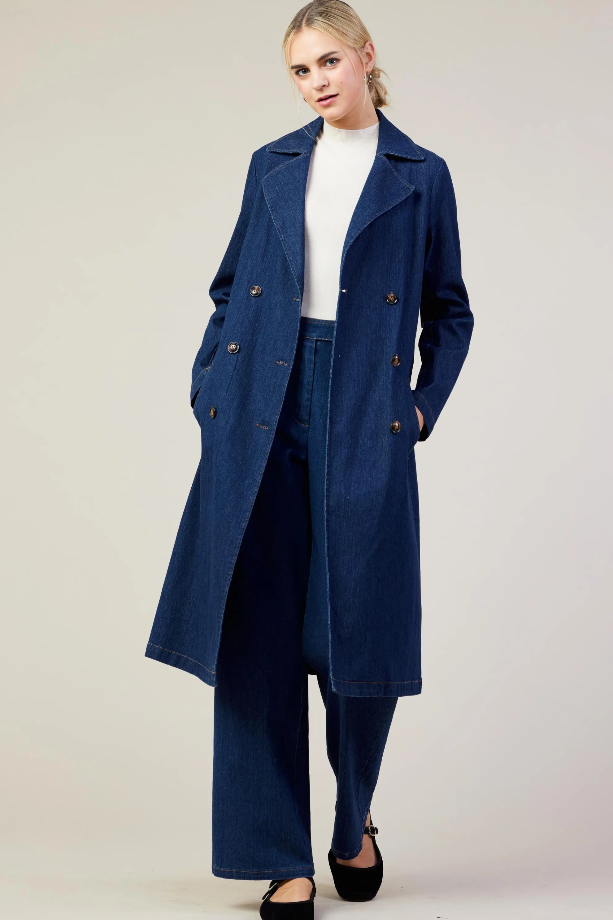 Washed Denim Trench Coat